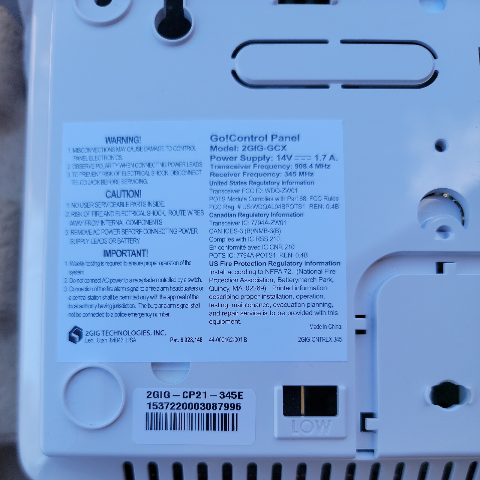 2GIG GO! Control Panel 2GIG-GCX Unit Only No Power Supply