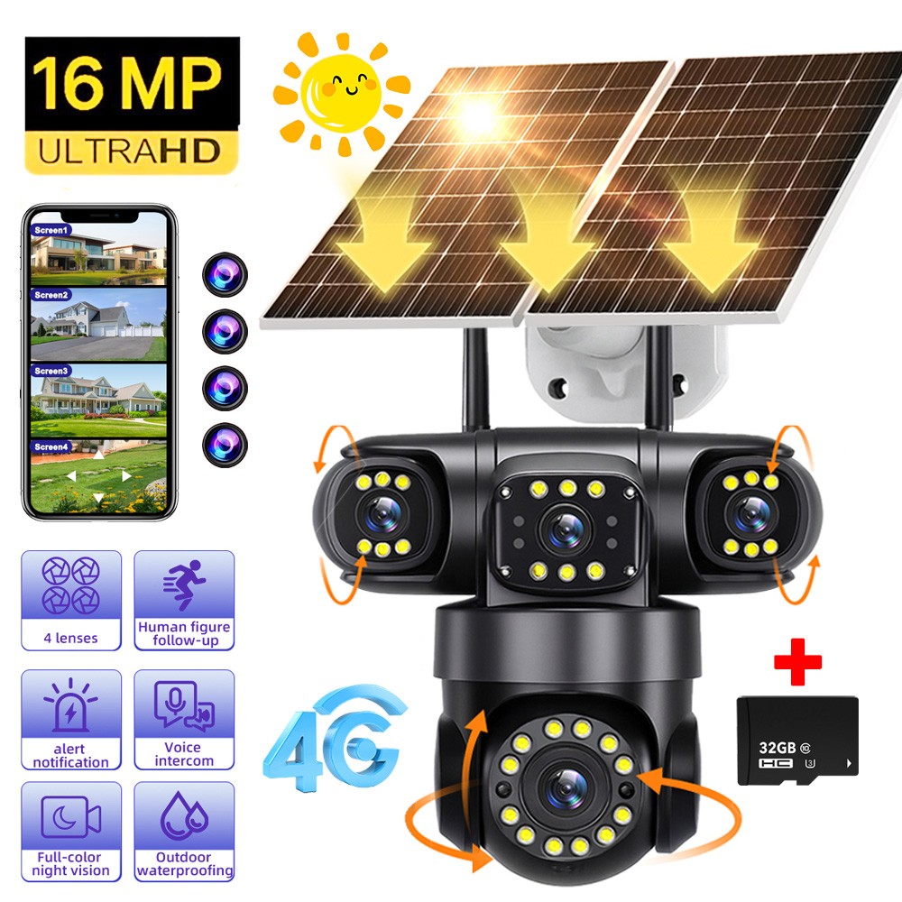 4G SIM 16MP 4Len Camara De Seguridad Solar Inalambricas Exterior Vision Nocturna