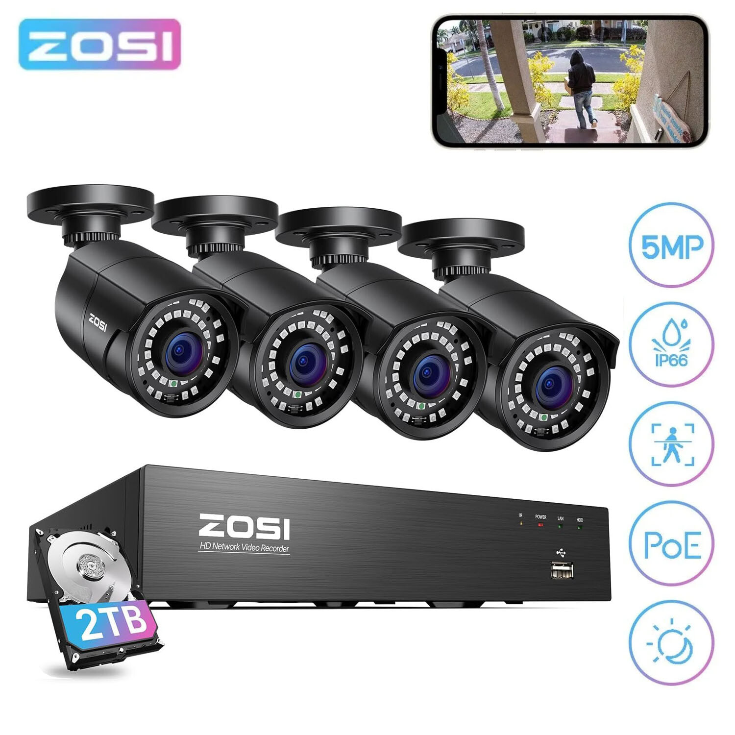 ZOSI 8CH 4K NVR PoE Security IP 5MP Camera System Motion Detection recorder