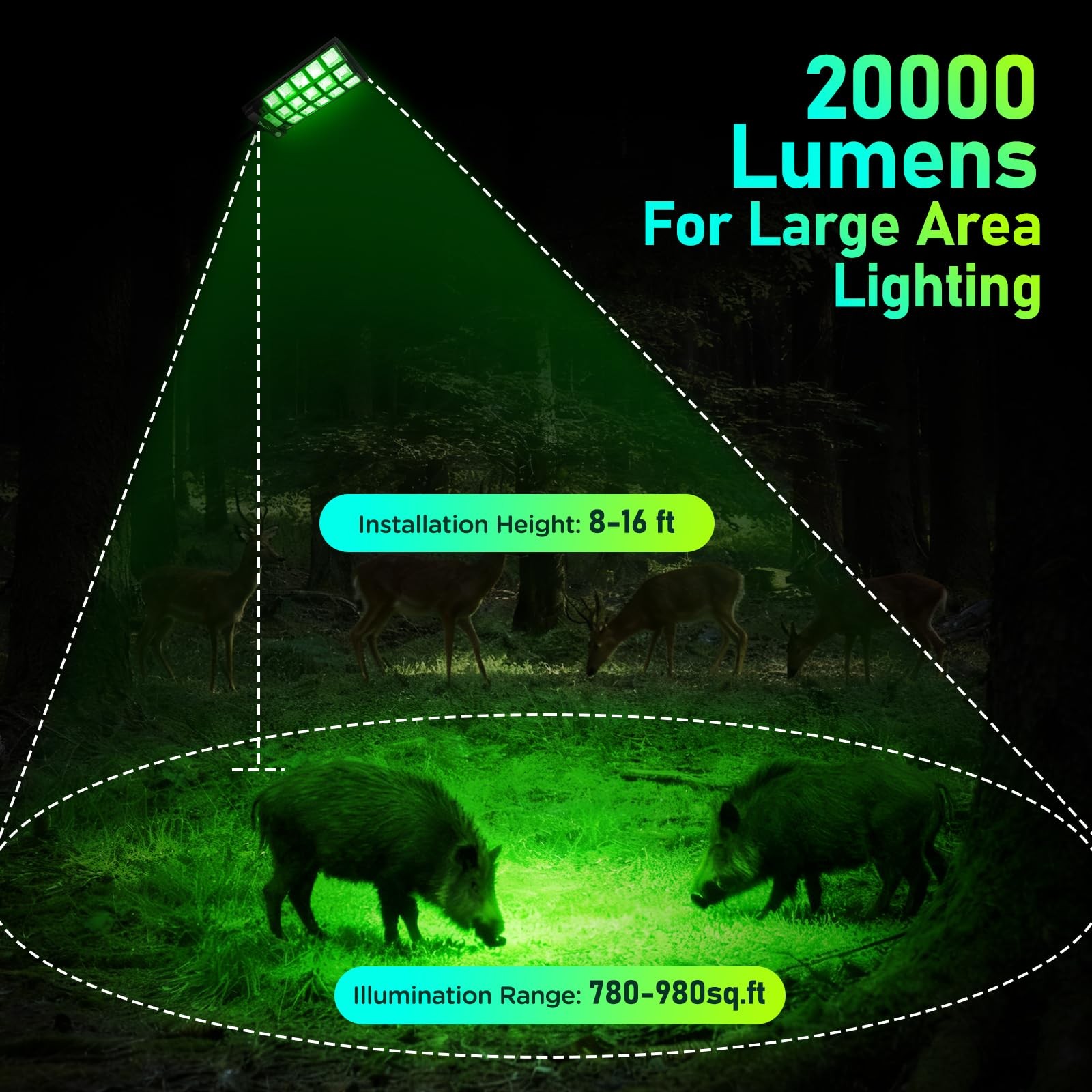 BINGLUX Hog Lights for Night Hunting – 20000LM Solar Green Light Black