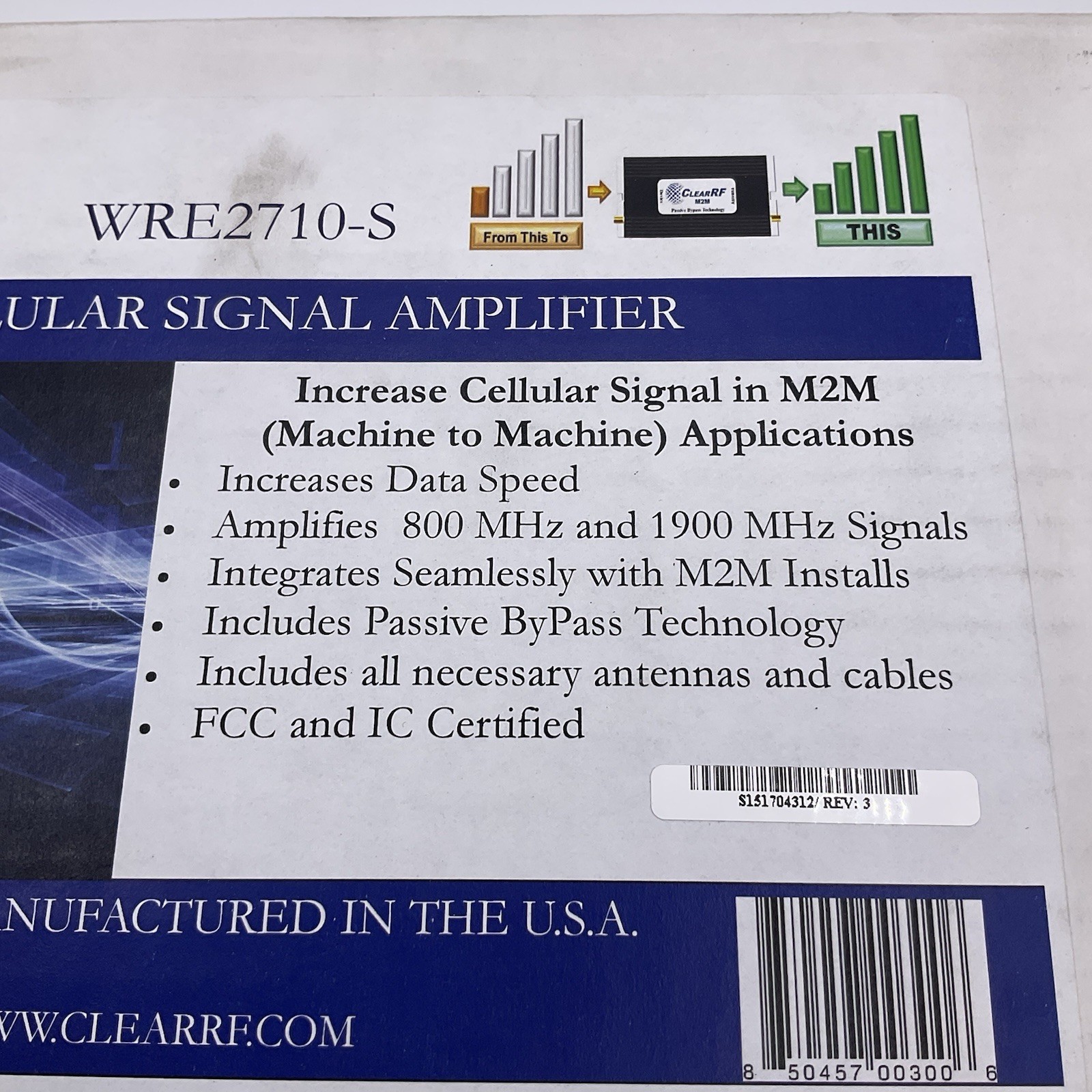Clear RF WRE2710-S M2M Cellular Signal Amplifier 800/1900MHz Passive ByPass