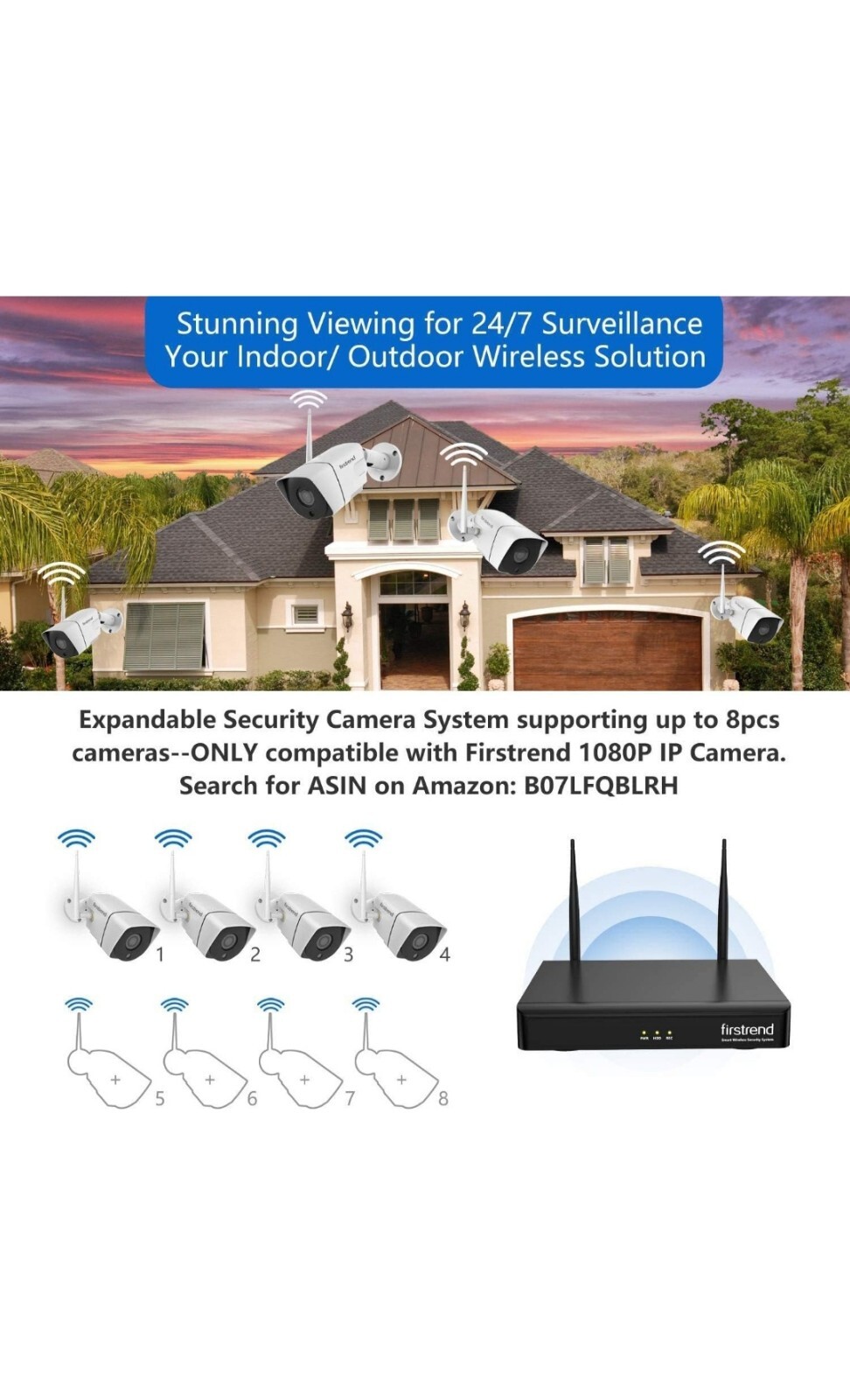 1080P Wireless Security Camera System, Firstrend 8CH Wireless DVR System with 4