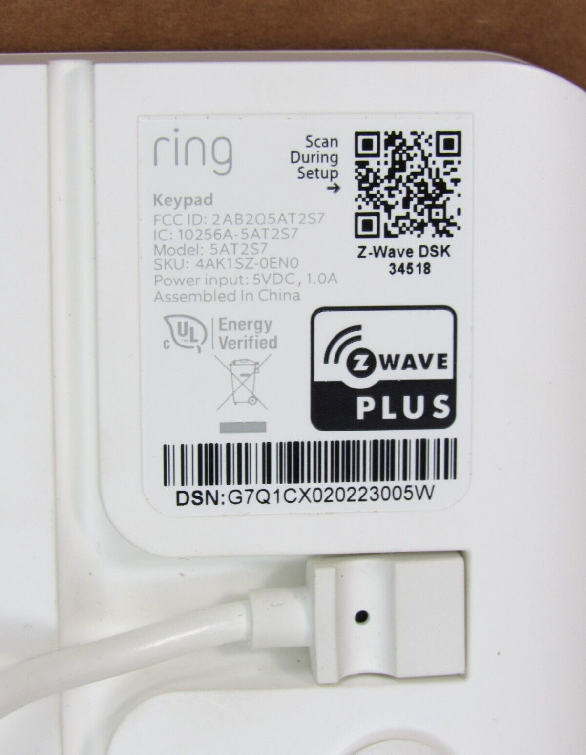 Ring 5AT2S7 White Wireless Z-Wave DSK Home Security System Alarm Keypad + Power
