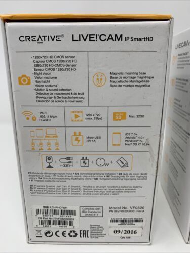 X2 Creative Live! Cam IP SmartHD 720p Wi-Fi Monitoring Camera BLACK (A12)