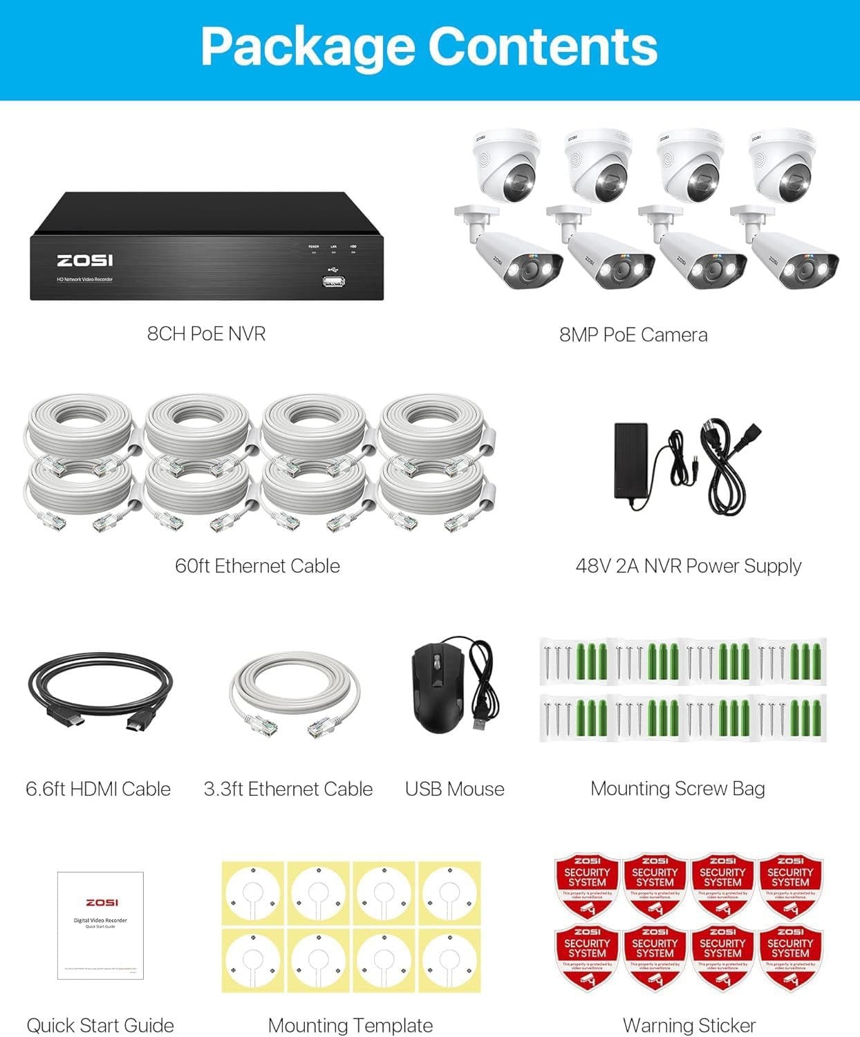 ZOSI 4K H.265+16CH PoE Security Camera System 12x 8MP Outdoor PoE IP Cameras 4TB