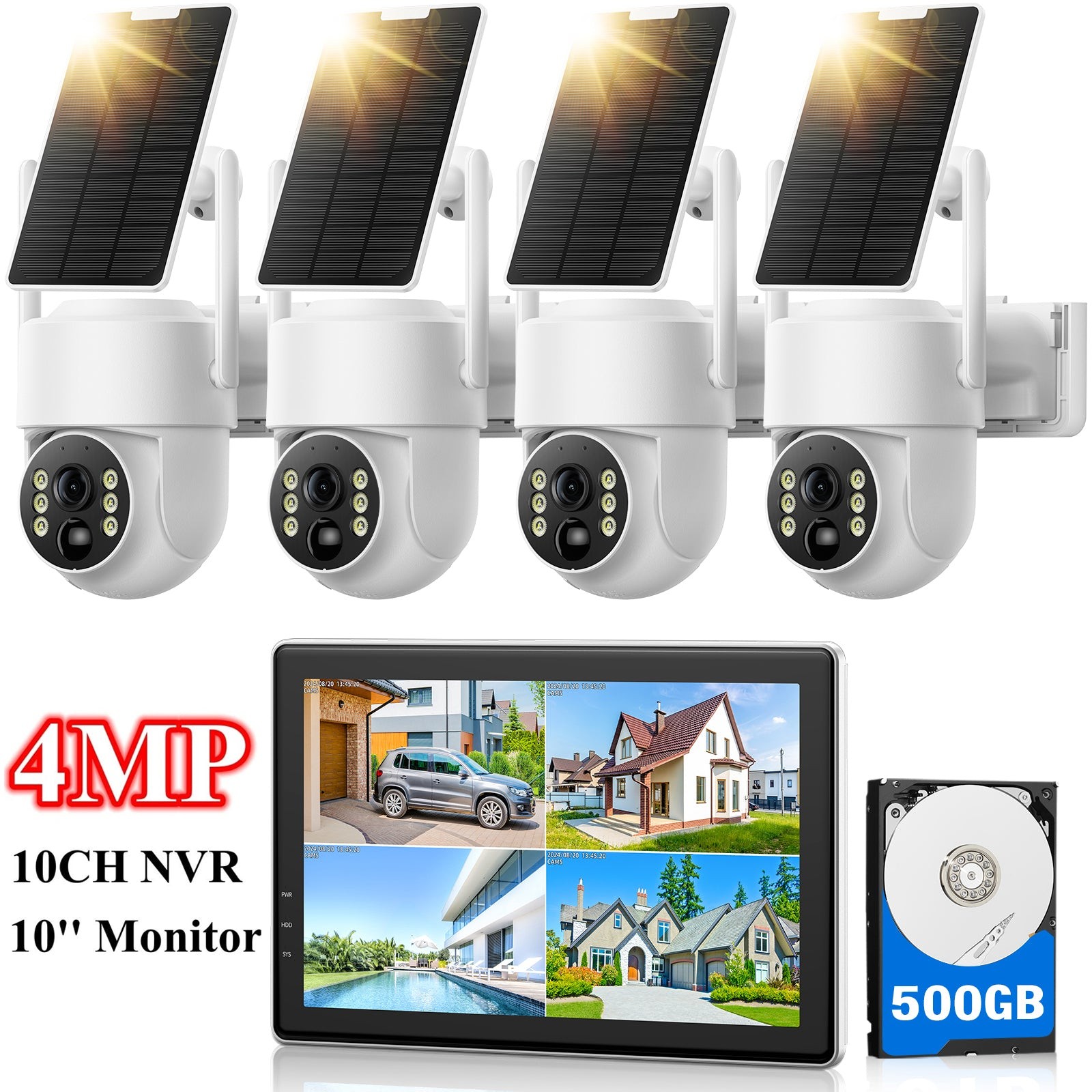 2K Solar PTZ Wireless Security Camera System Outdoor 10CH 10″ Monitor NVR 500G