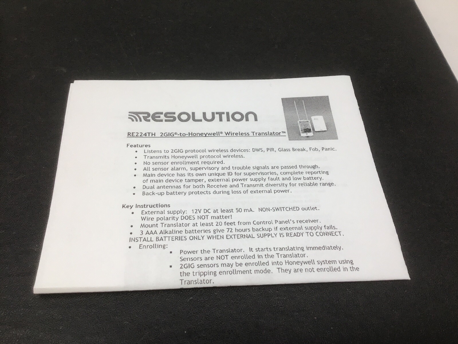 Resolution Products RE224TH Wireless Translator 2GIG To Honeywell
