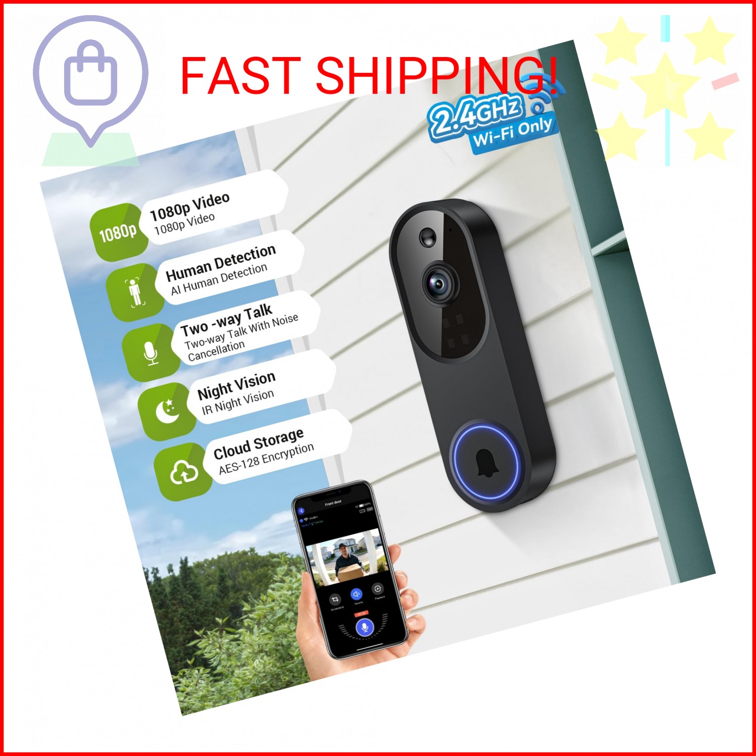 Lunelyx 1080P Wireless Video Doorbell Camera, Outdoor Surveillance Cameras, FHD