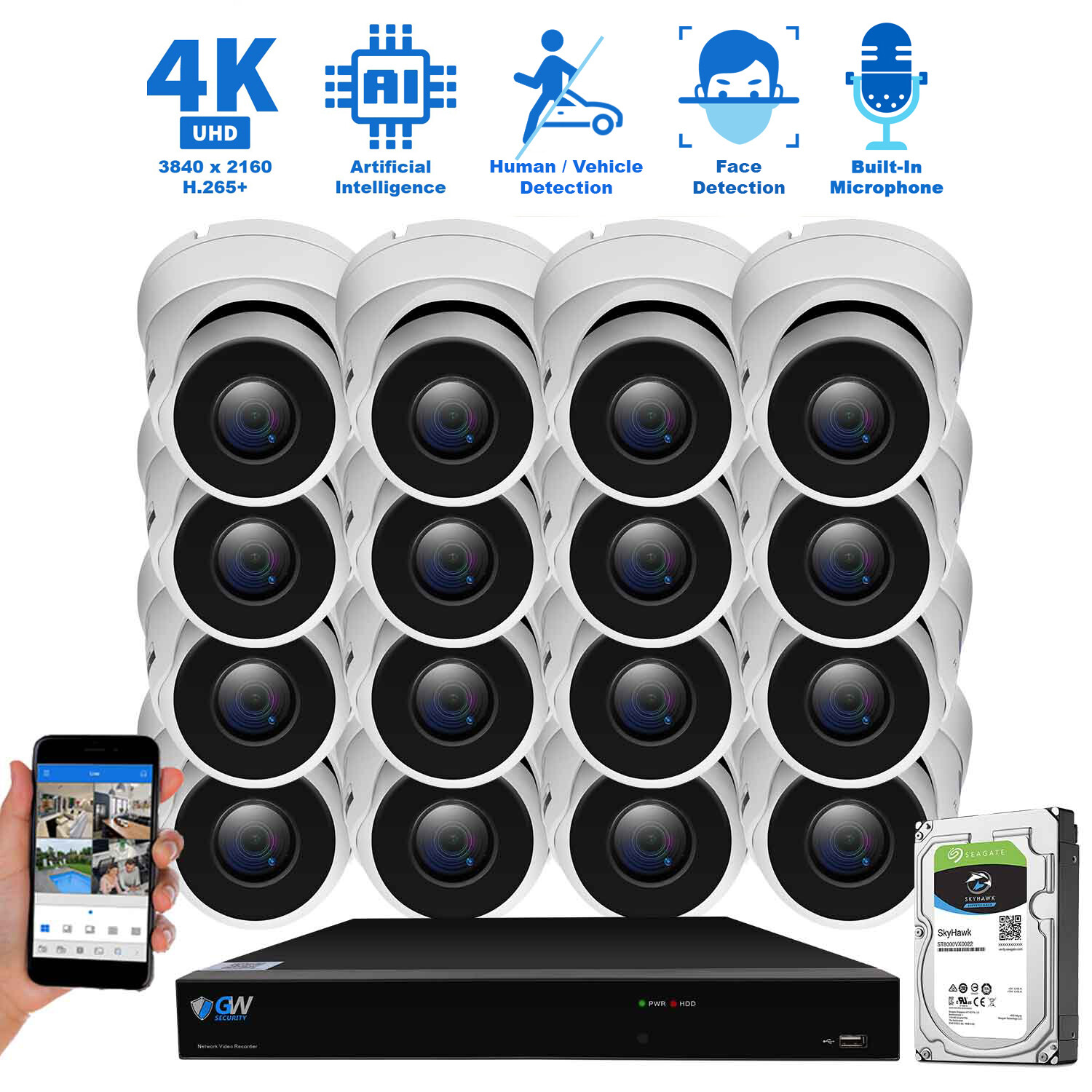 16 Channel NVR 16 X 4K Outdoor Indoor Microphone Turret Security Camera System