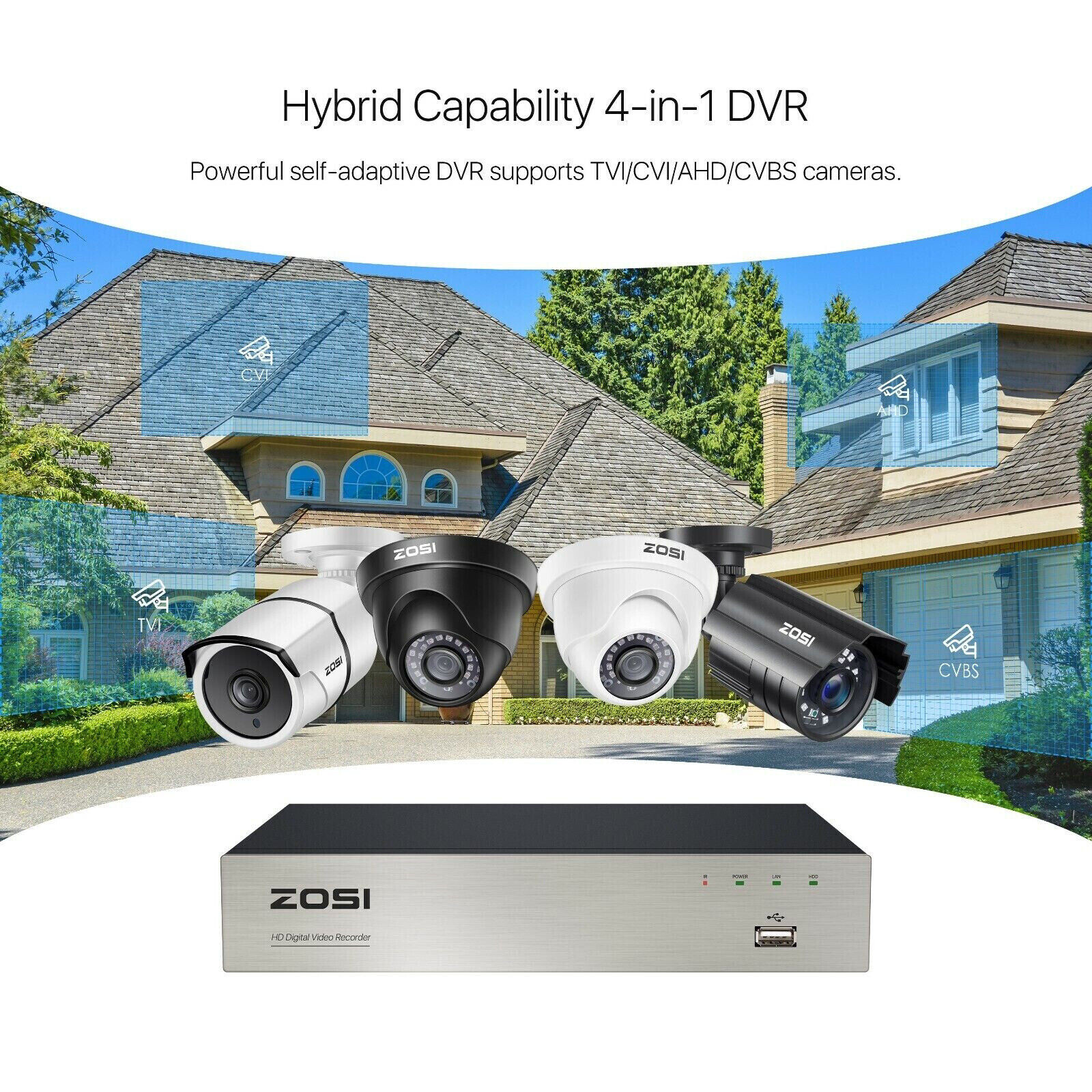 ZOSI H.265+ 1080P Home Security Camera System Outdoor 8CH DVR with IR-Cut 0-1TB