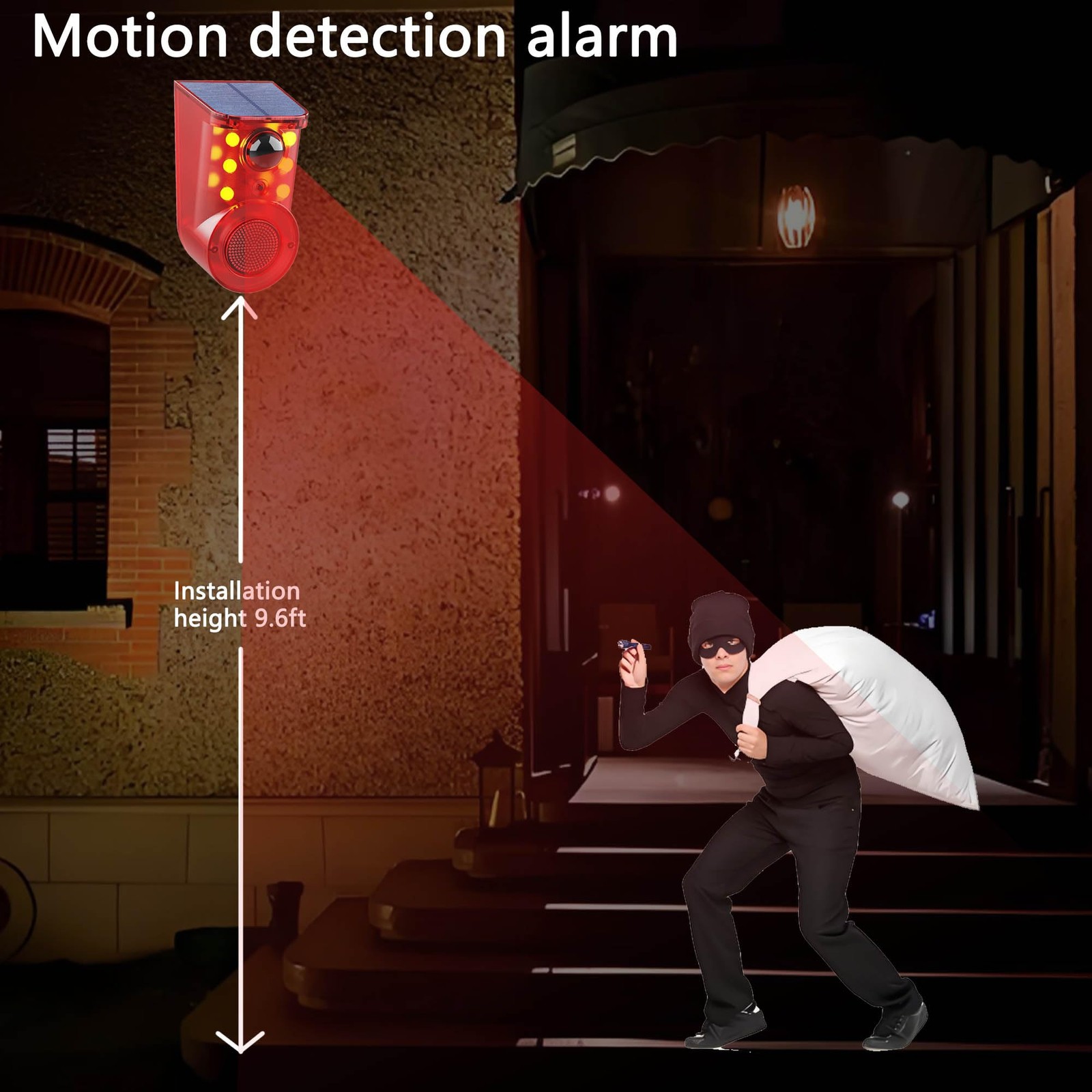Solar Outdoor Motion Sensor Alarm: 110db Siren Sound,6 LEDs Flash Warning Str…