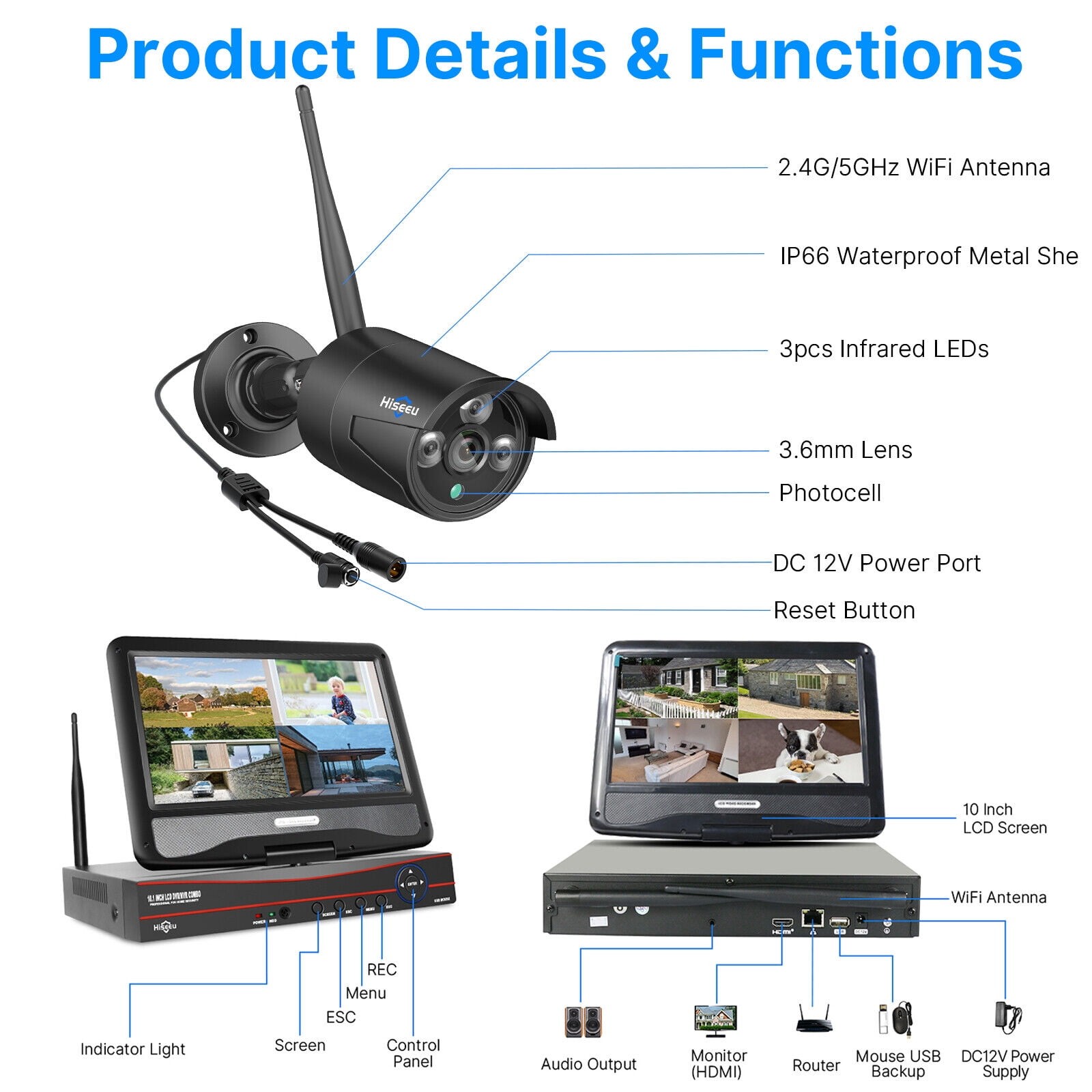 Wireless Security System 10 Inch Monitor 1tb NVR 4 Camera Kit Night Vision Audio
