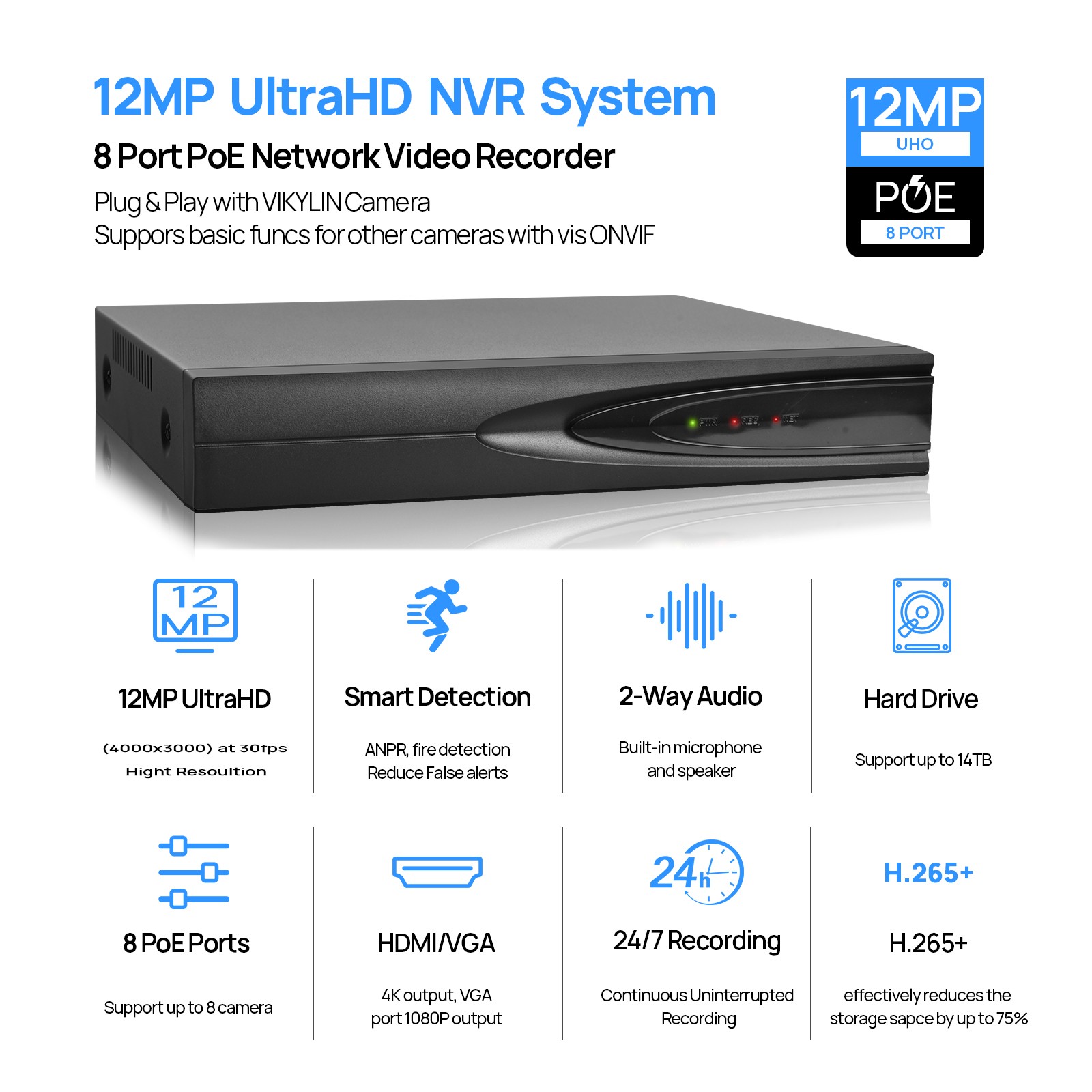 VIKYLIN 8CH NVR Systems 24h Full Color Turret POE 8MP IP Camera MIC Outdoor Lot