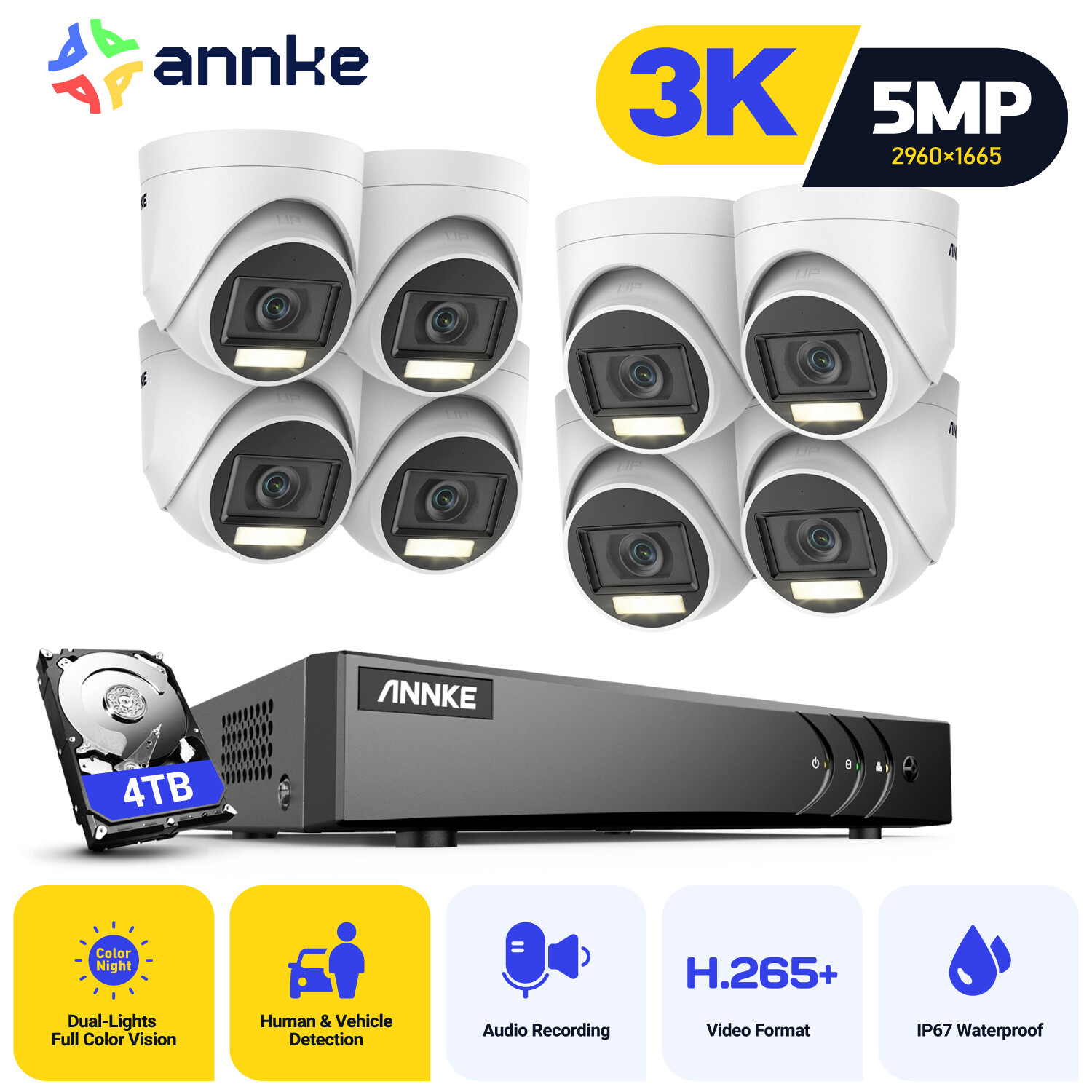 ANNKE 8CH DVR 5MP Color Night System Camera System AI Detection Audio Recording
