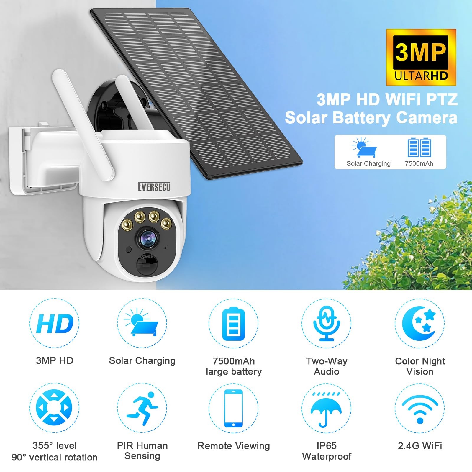 EVERSECU 2K Outdoor-Solar Security Camera Wireless with PTZ Full, 3MP Solar