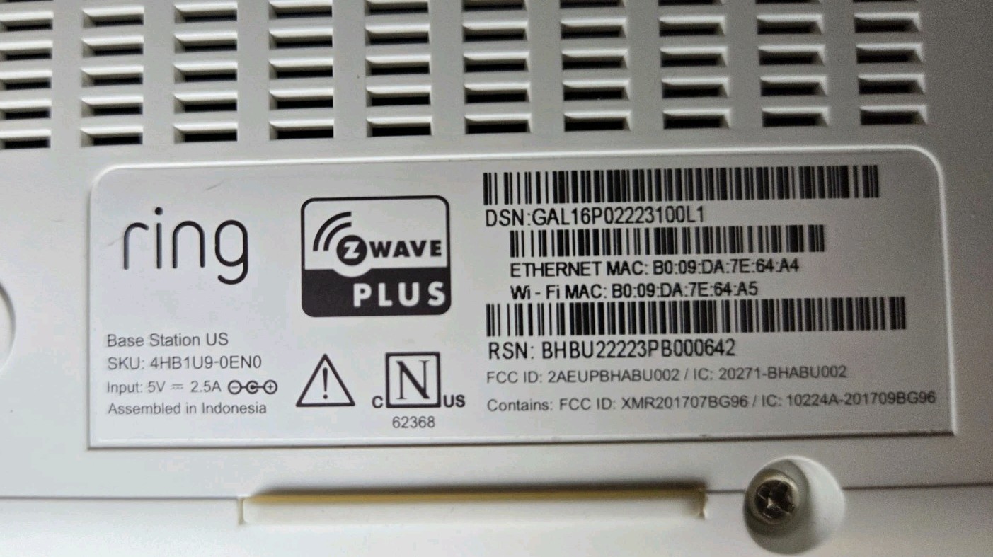 Ring Alarm Base Station US Z wave Plus 4HB1U9-0EN0 Bluetooth Wi-Fi UNTESTED