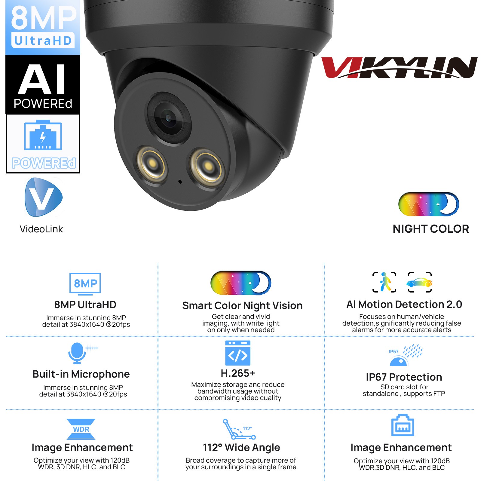 VIKYLIN 8CH 8POE NVR System Turret 24h Full Color 8MP 4K IP CAMERA Black MIC Lot
