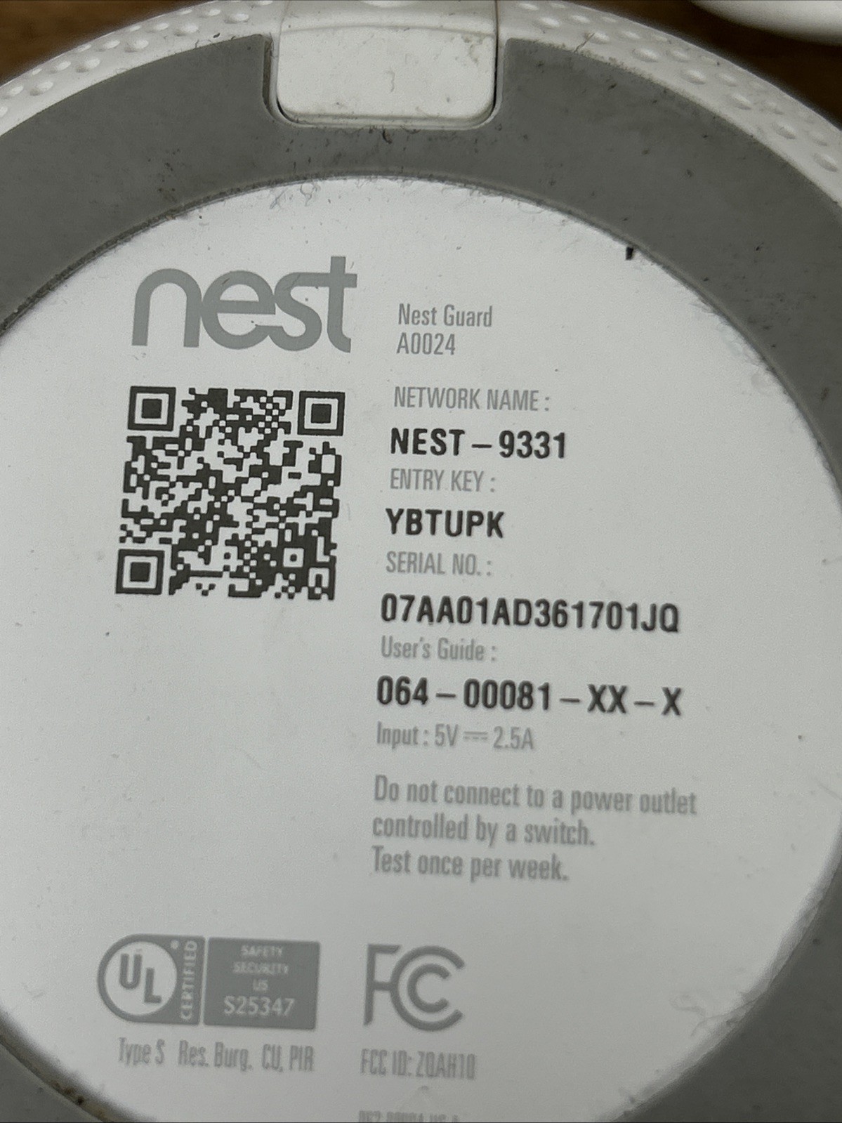 Google Nest Secure Alarm Security System A0024 Base Guard W/ Cord