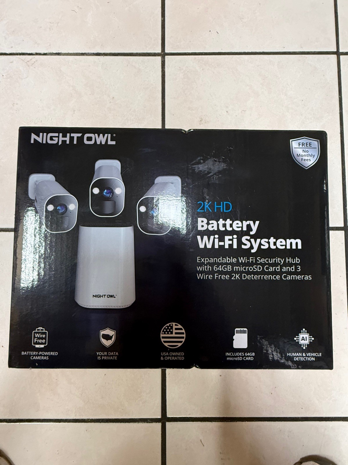 Night Owl 2K HD Battery Wi-Fi System Security Hub and 3 Cameras (White) NEW