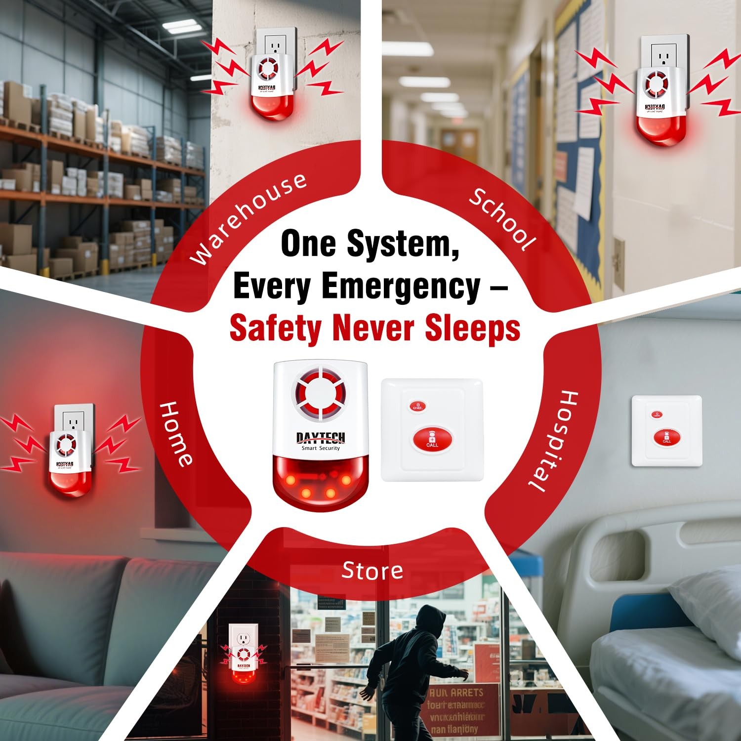 Daytech Wireless Panic Button Alarm-120dB Strobe Siren with Panic Buttons,