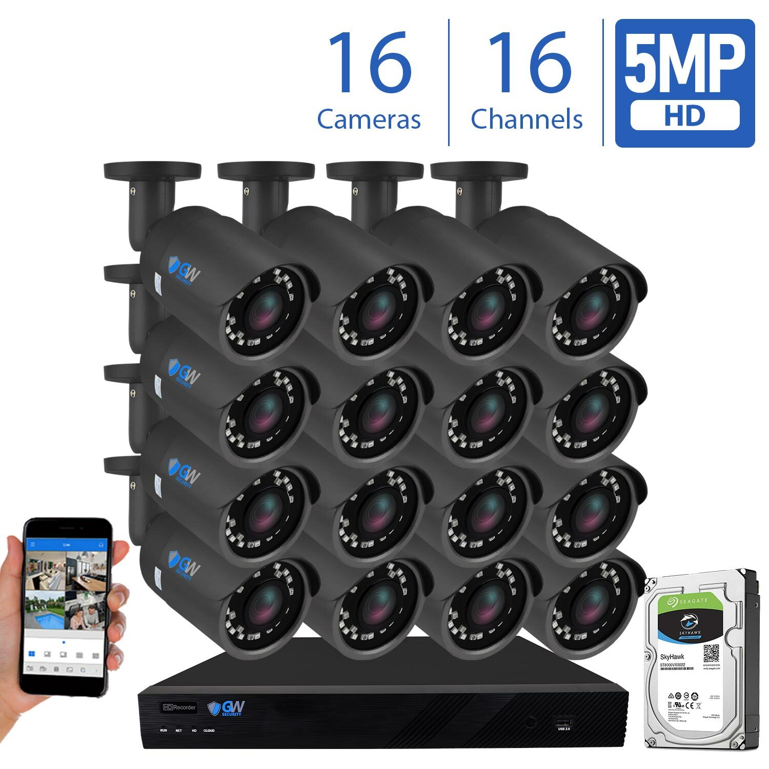 16 Channel 4K NVR (16) 5MP Waterproof IP Security PoE Bullet Camera System 4TB
