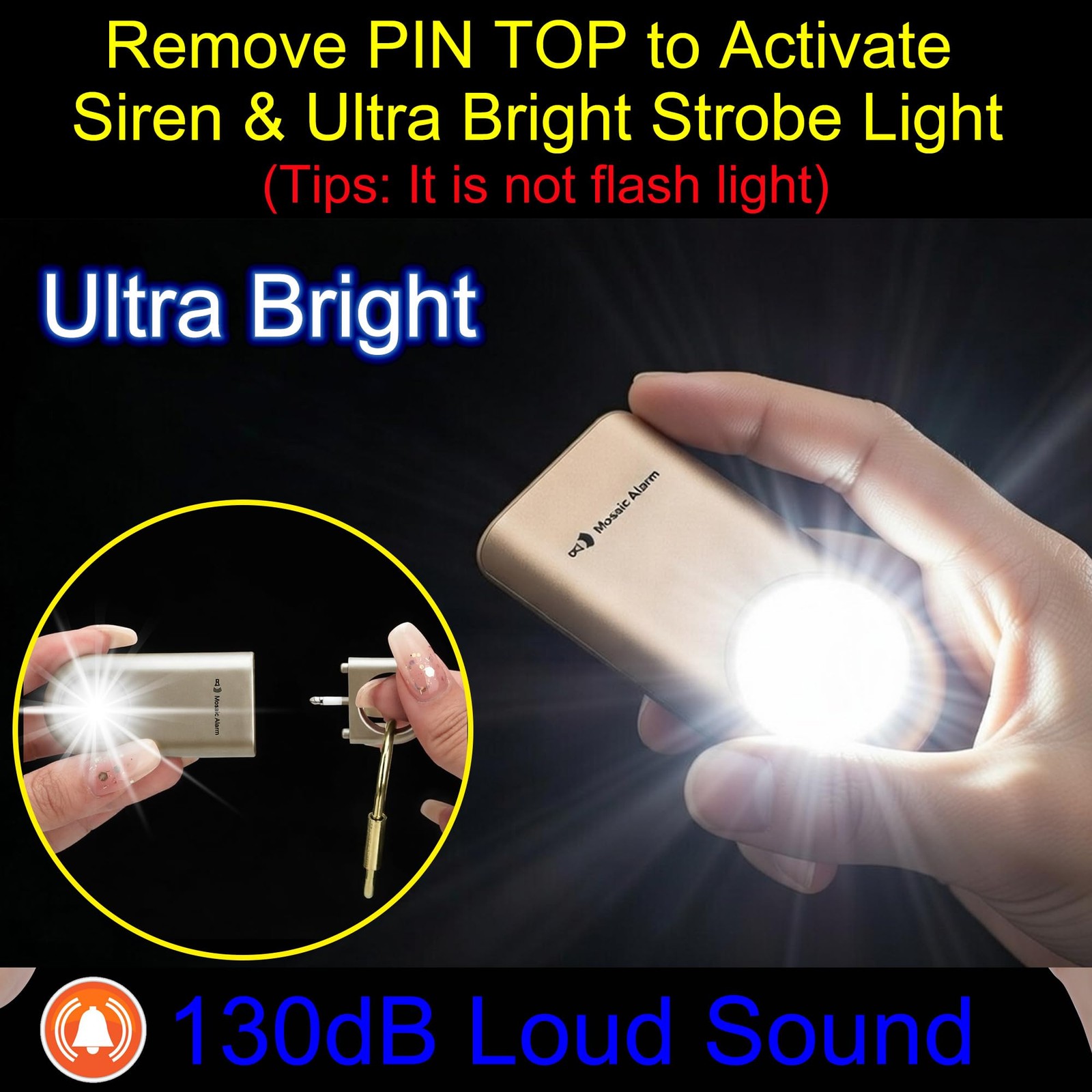 130dB Personal Safety Alarm Ultra Bright Strobe Light. Loud Sound Keychain Si…