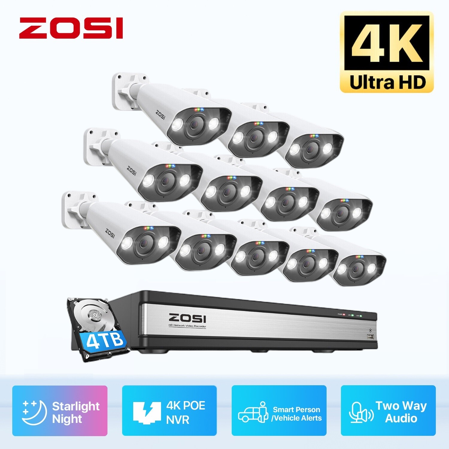 ZOSI 8CH/16CH 4K 8MP POE Home Security Camera System Audio Vehicle Detect 2/4T