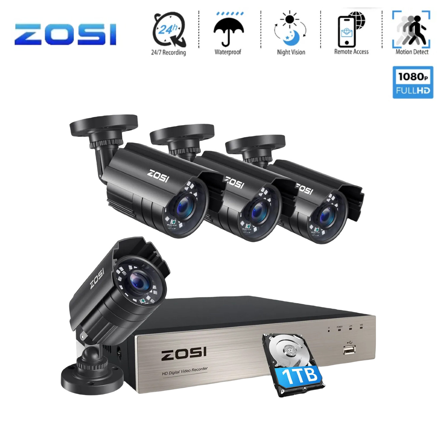 ZOSI H.265+ 8CH 5MP Lite DVR Home 1080P Security Camera System 1TB CCTV system