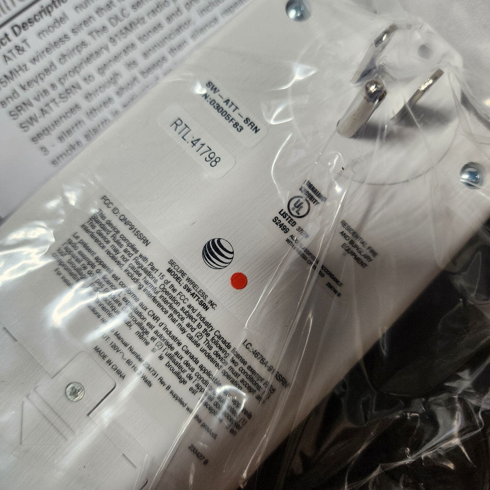AT&T / Cisco DLC-100 Digital Life Indoor Wireless Siren SW-ATT-SRN 41798