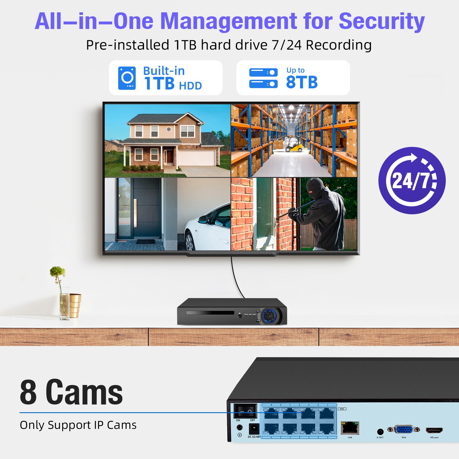 7” Monitor NVR 6MP Wireless Home Security Camera System Solar Wifi IP Cameras