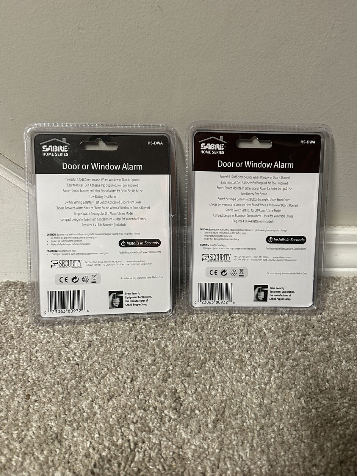 SABRE DOOR & WINDOW ALARM 2pk Sliding Patio Basement Garage Car Home Safety LOUD