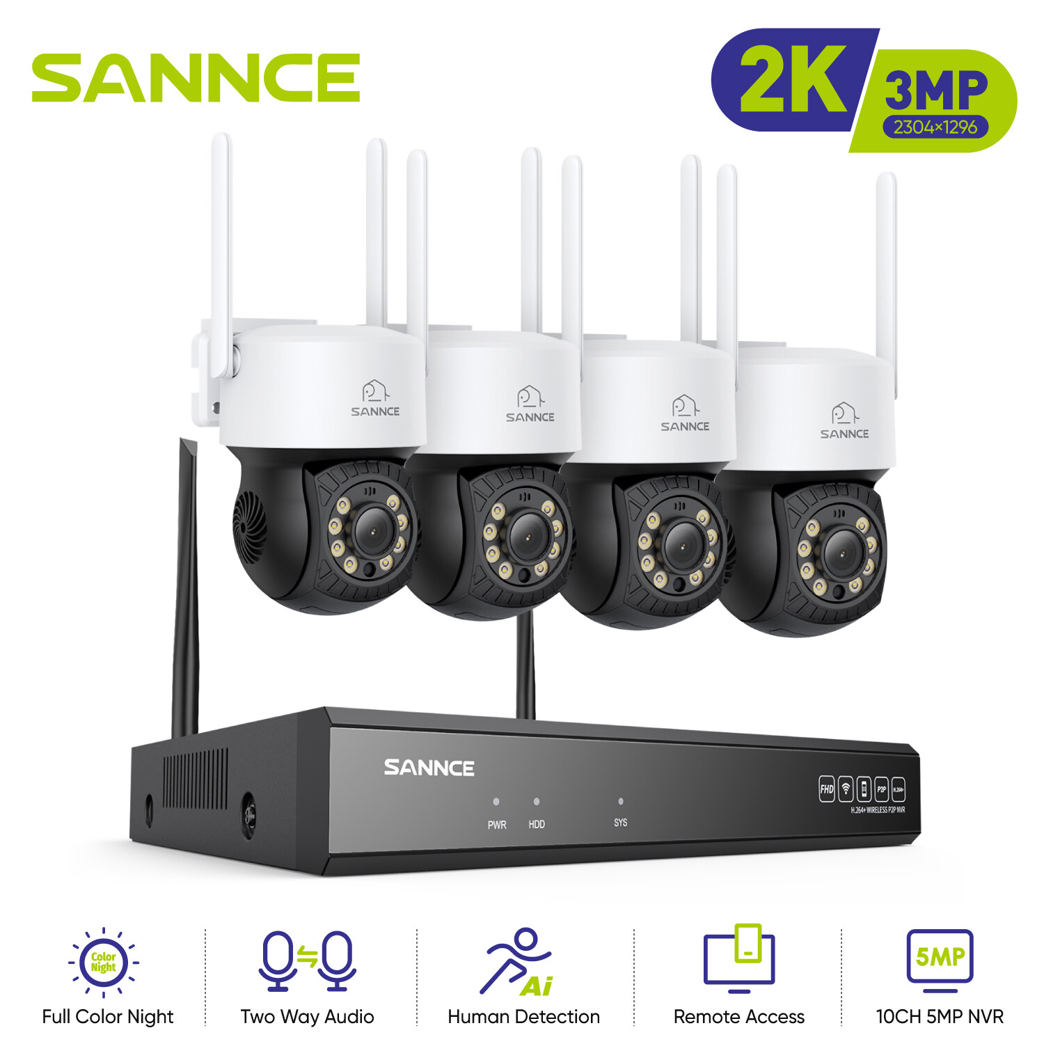 SANNCE Wireless 5MP 8CH NVR 3MP PT AI Color Security Camera System Two Way Audio