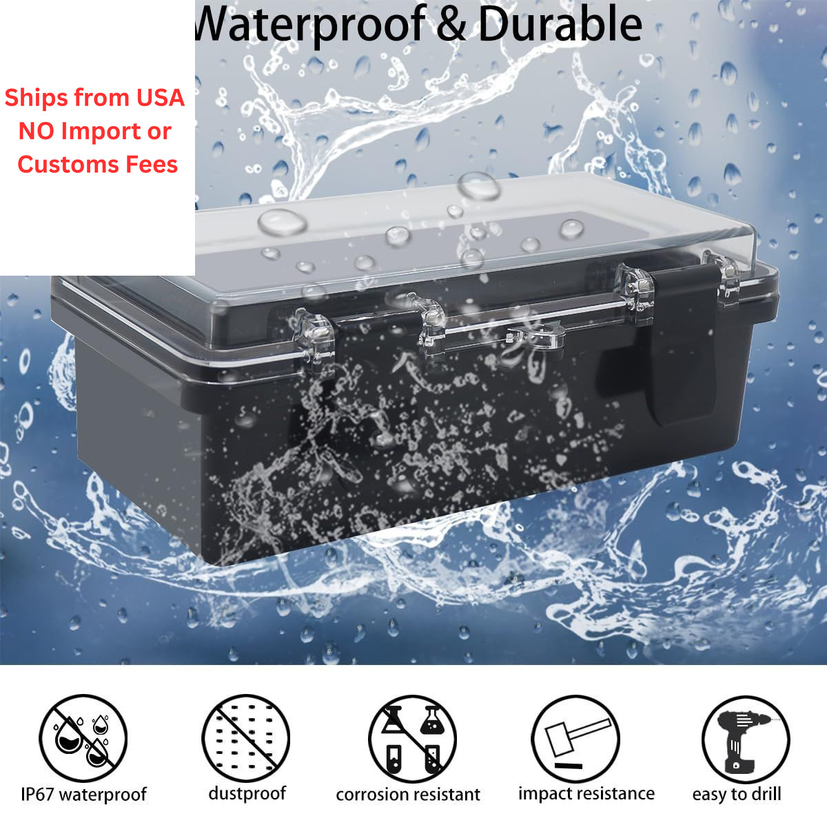Otdorpatio Junction Box, Hinged Black Clear Cover IP67 7.9″x3.9″x2.8″,