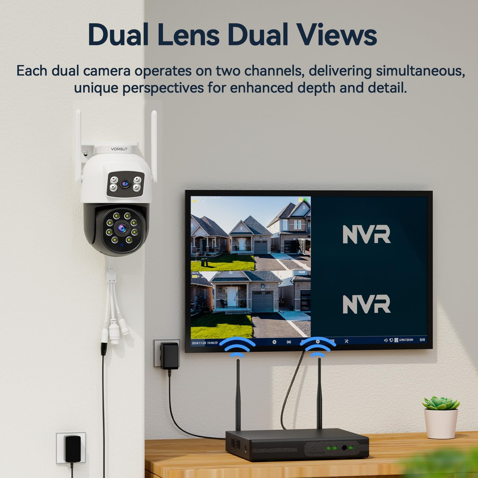 VORGUT Wireless Security Camera System Outdoor, 2pcs 2K Dual Lens PTZ Black