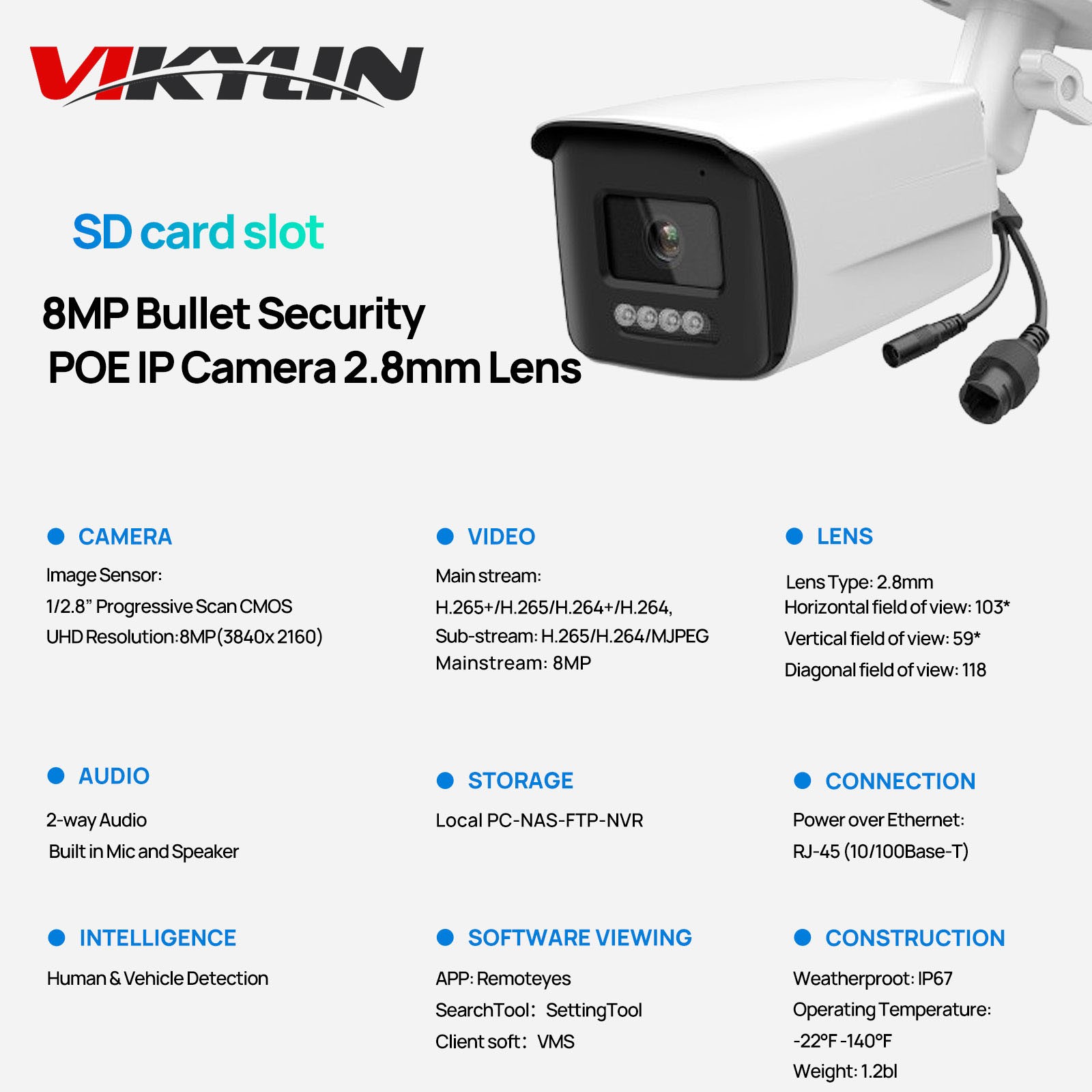 Vikylin 16CH NVR Set POE IR30M Bullet MD 8MP 4K Security Camera Systems MIC Lot