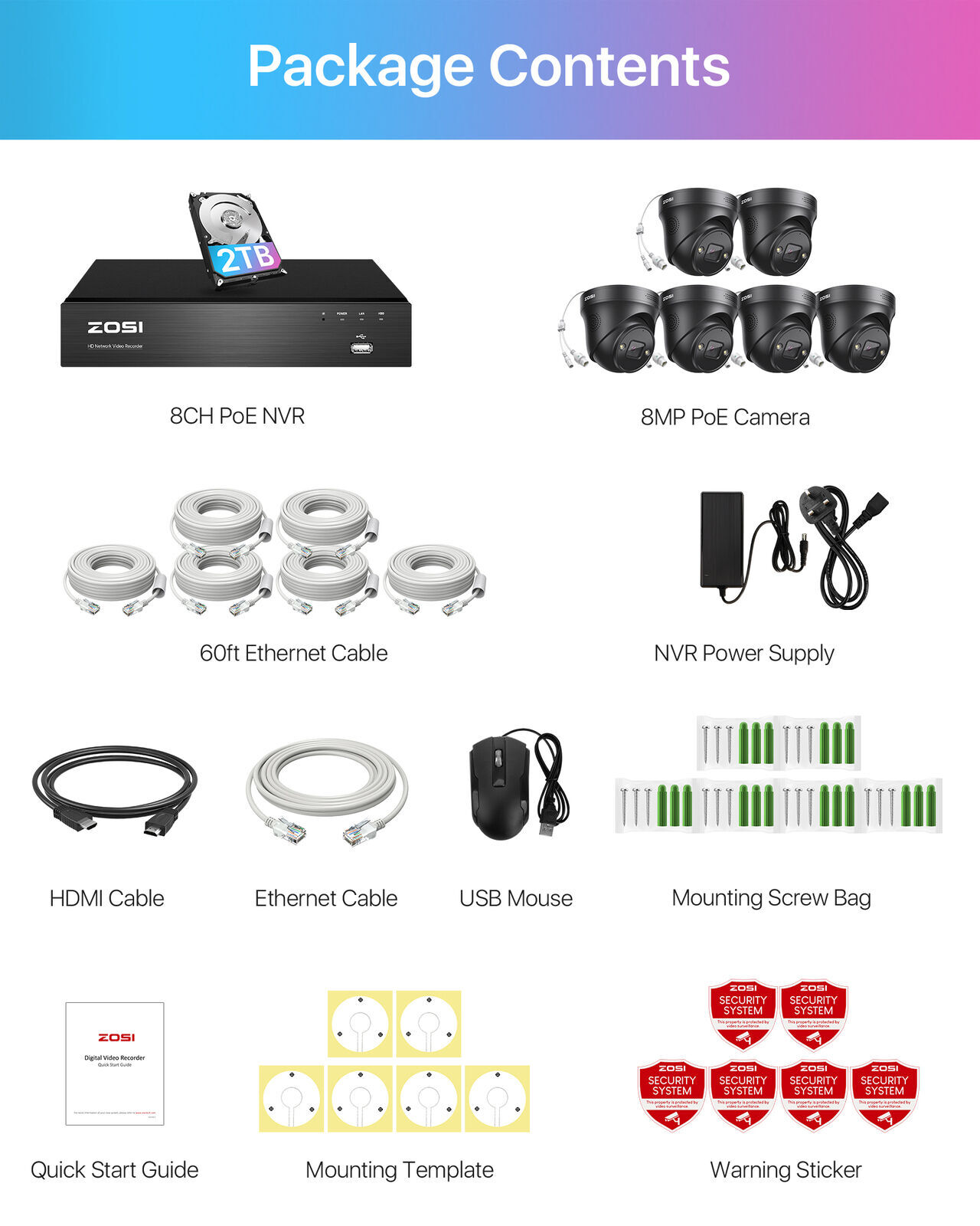ZOSI 8CH 4K NVR 8MP PoE Security Camera System Wi-Fi Two-Way Audio Night Vision