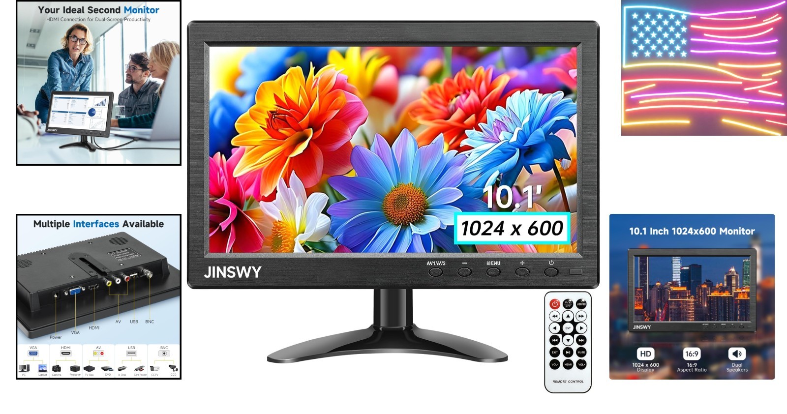 10.1″ Security Monitor, 1024×600 HD Display, HDMI VGA BNC AV USB Ports, Small…