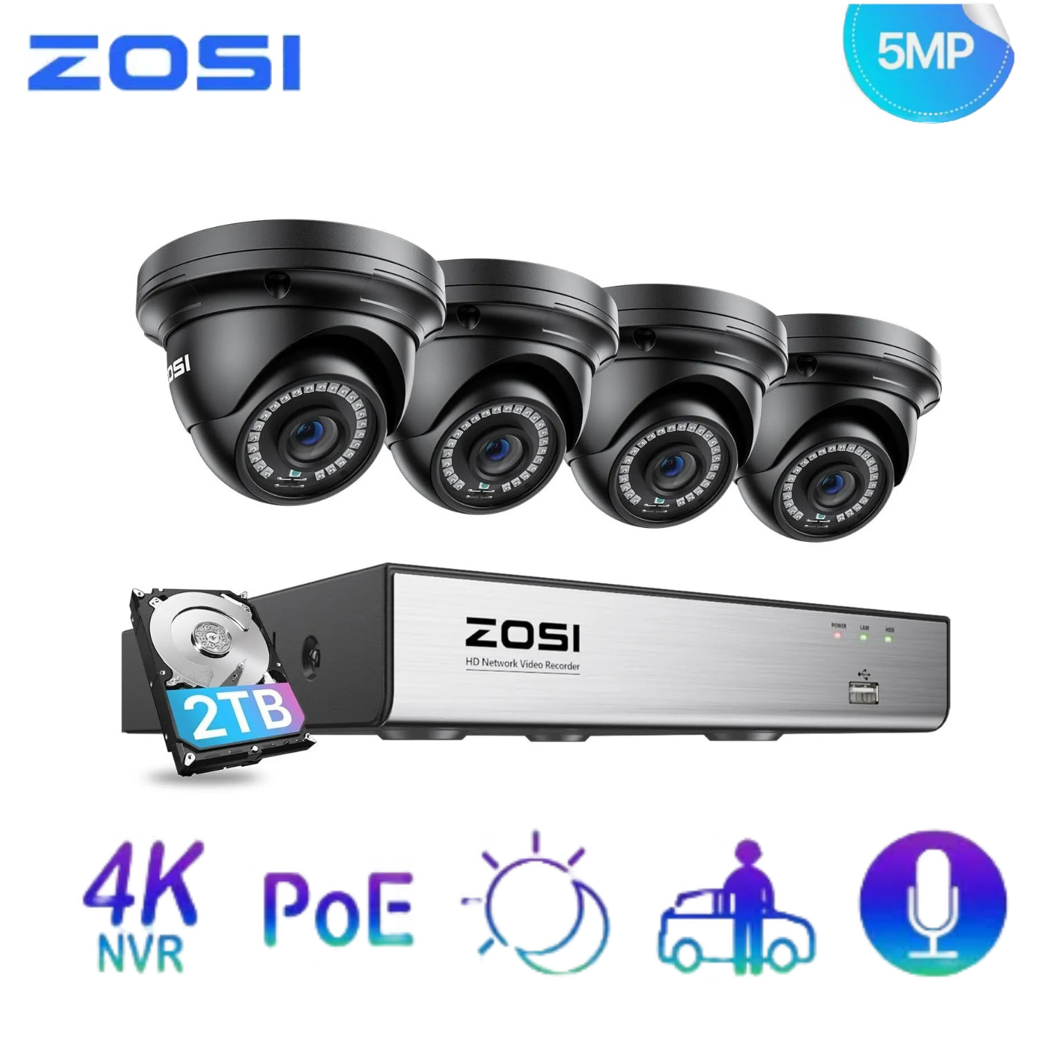 ZOSI 8 Channel 4K PoE Home Security 5MP IP Camera System Audio Motion Detect 2TB