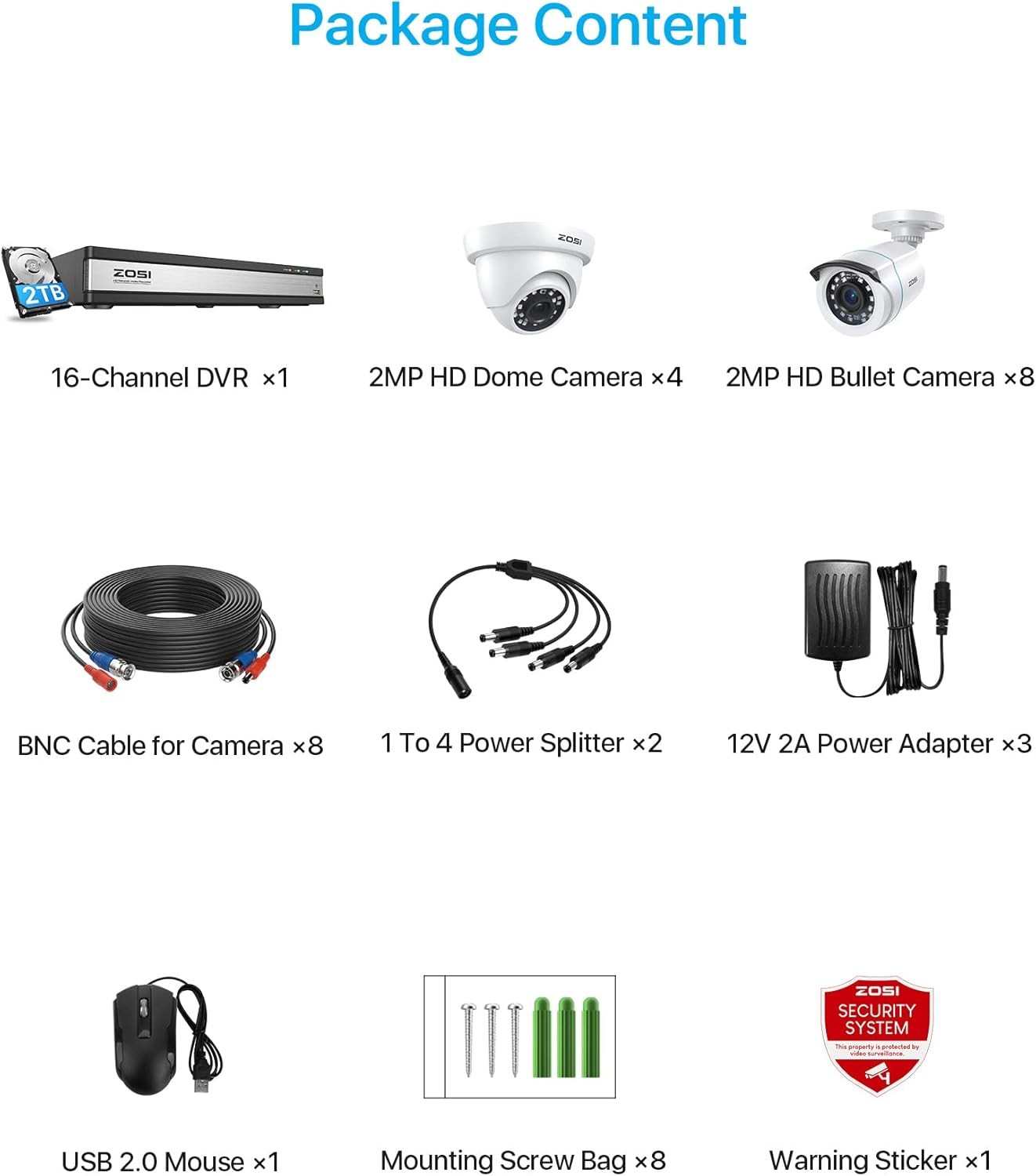 ZOSI 16CH CCTV Security Camera System 12x2MP Outdoor Camera 80ft NightVision 2TB
