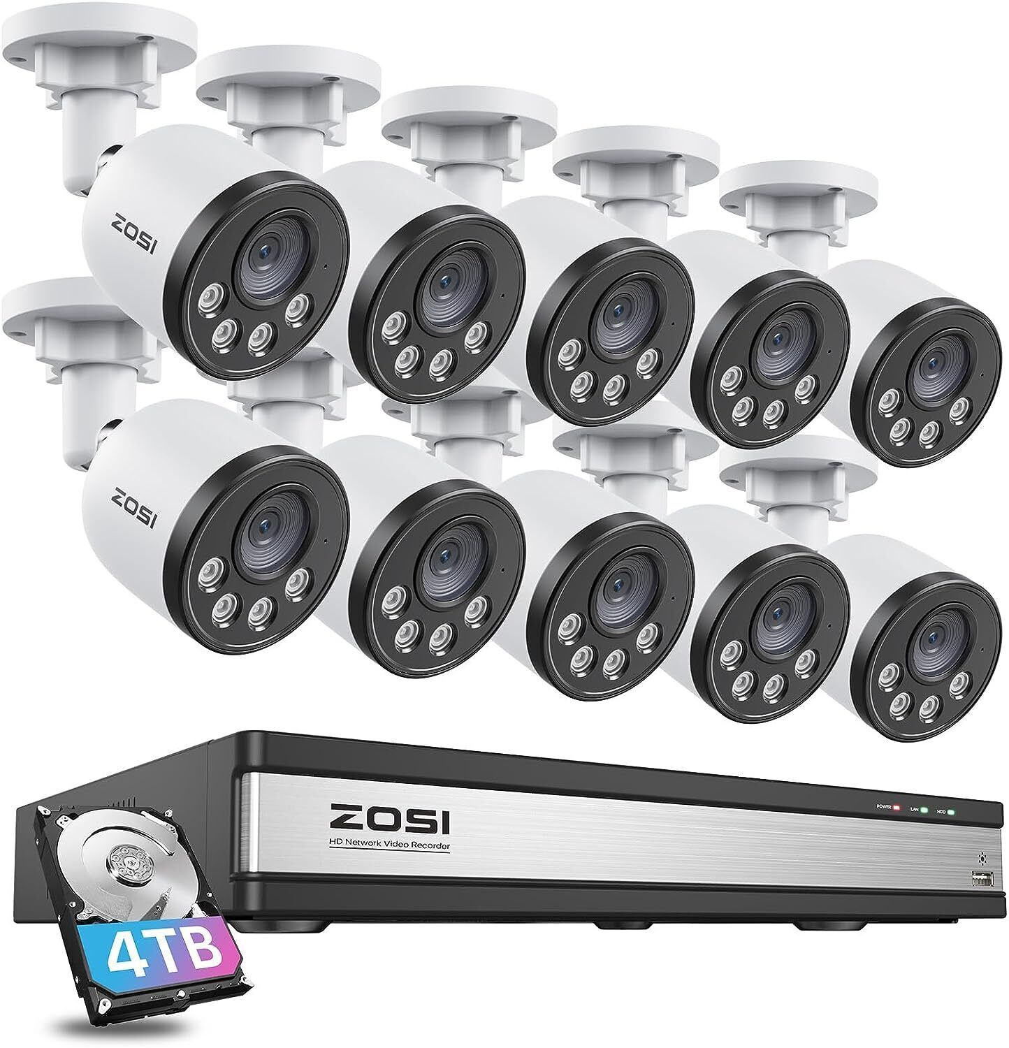 ZOSI 16CH NVR 4MP PoE Security Camera System 4TB Audio Night Vision Human Detect
