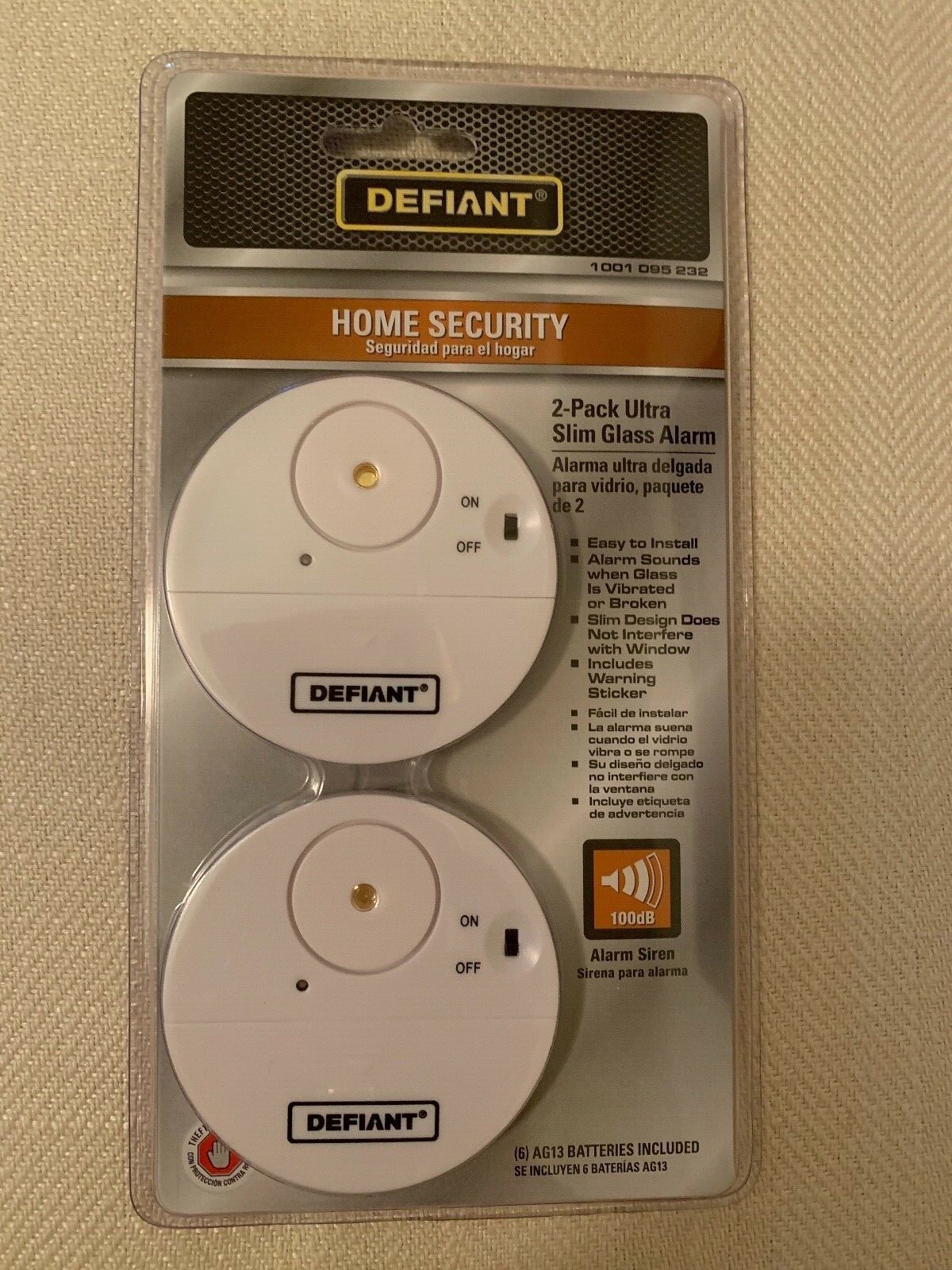 Defiant Home Security Wireless Alarm & 2 Slim Glass Alarms & 2 Window Locks-NEW!