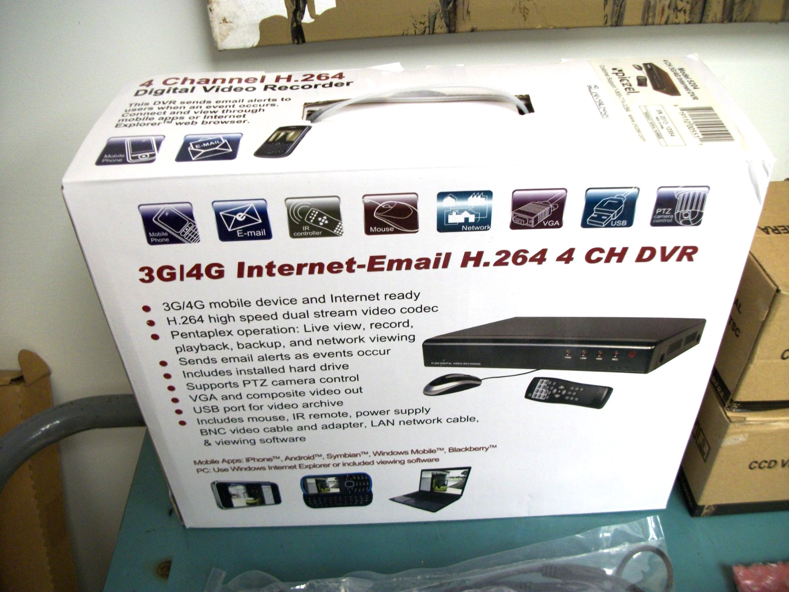 PICZEL 7204 Surveillance System 4CH DVR w/Internet 4 IR Cams & Install Kit – NEW