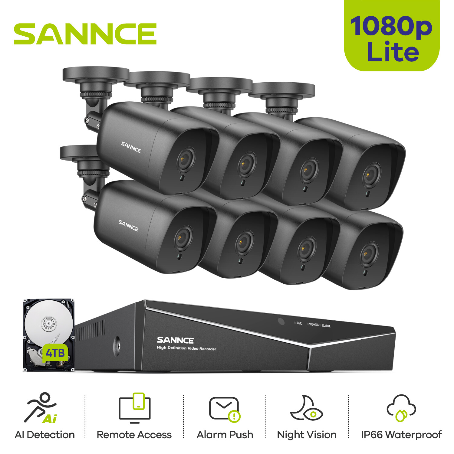 SANNCE 1080P HDMI 8CH DVR 2MP CCTV Security Camera System Outdoor IR Night AI