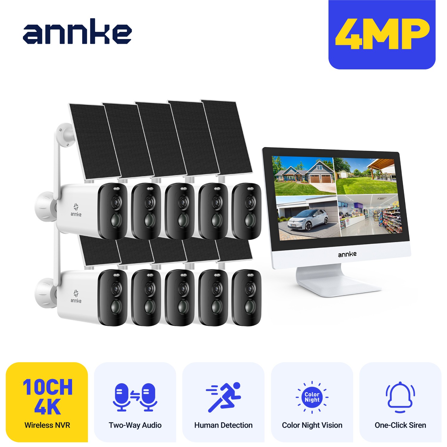 ANNKE 4MP Wireless Solar Powered Security Camera System 12” Monitor 2-Way Audio