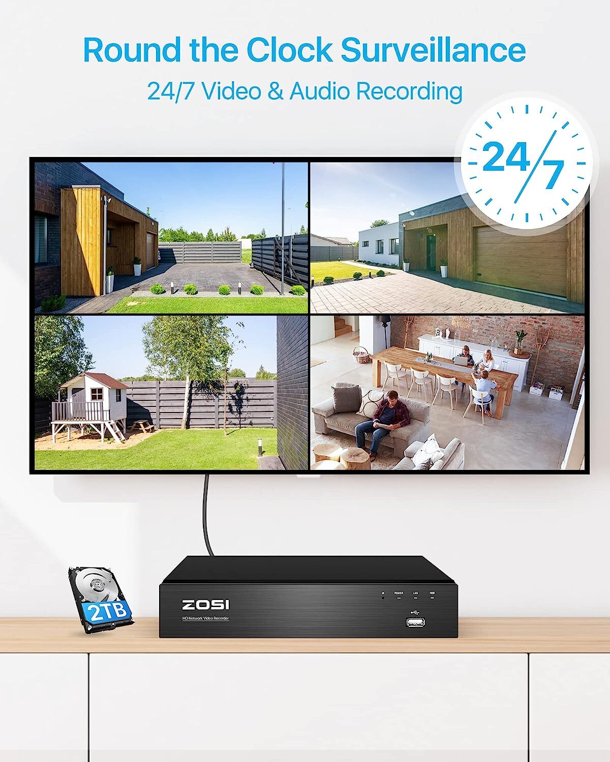 ZOSI 4K 8CH Security PoE IP Camera System NVR with 2TB HDD AI Human Detection