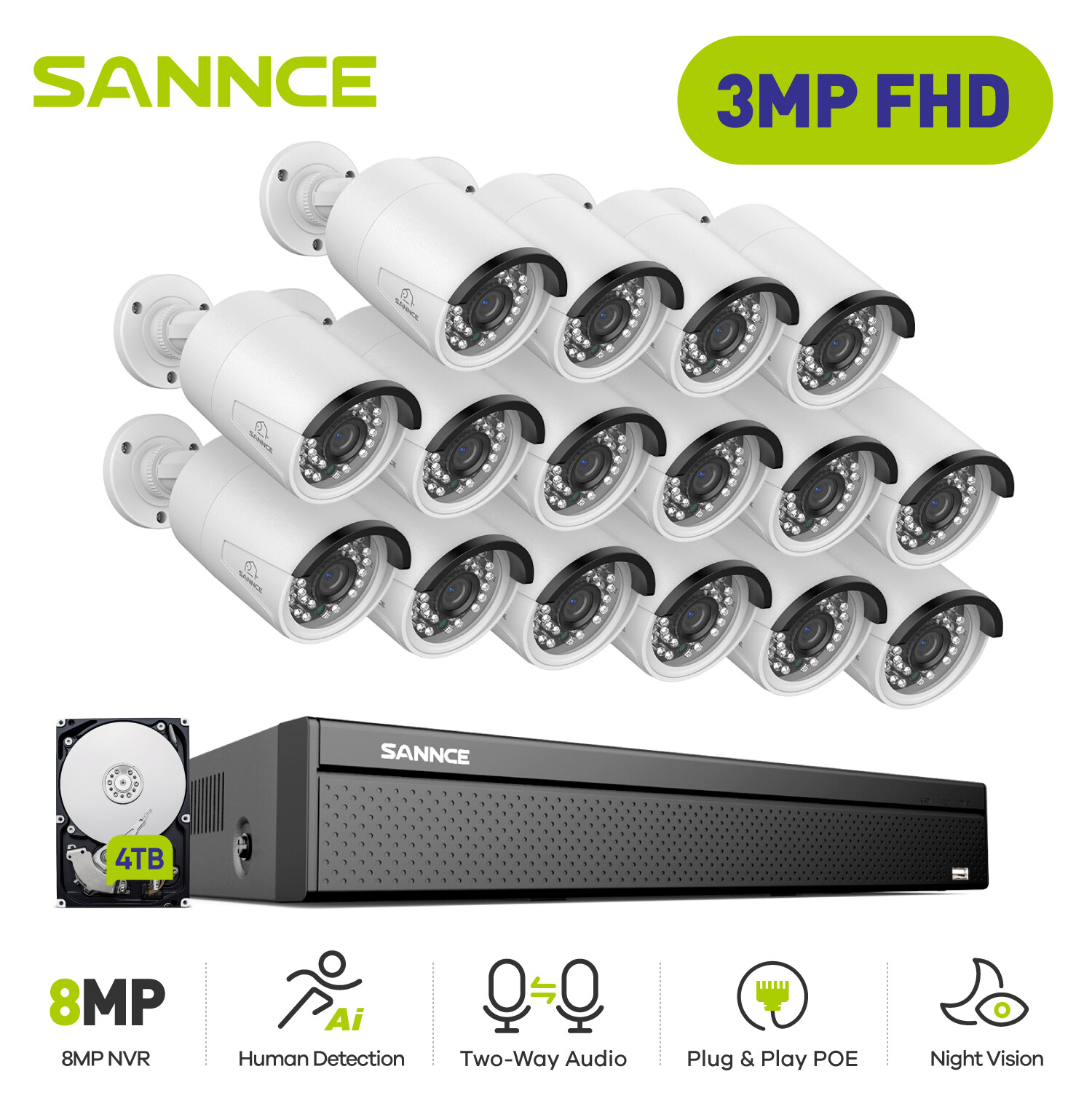SANNCE 4K 16CH NVR 3MP POE Outdoor IP Security Camera System Two Way Audio AI 4T