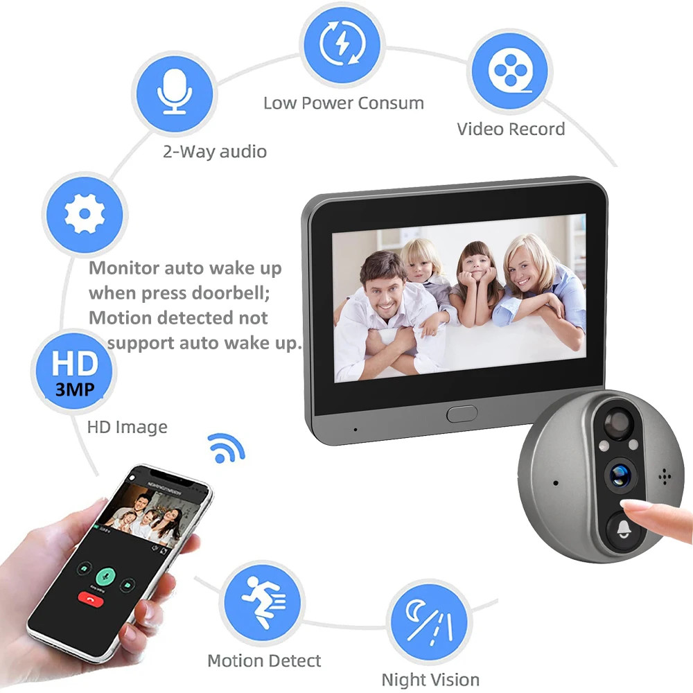 Tuya 3MP WiFi Peephole Doorbell Camera PIR Motion Detector 4.3in Digital Viewer