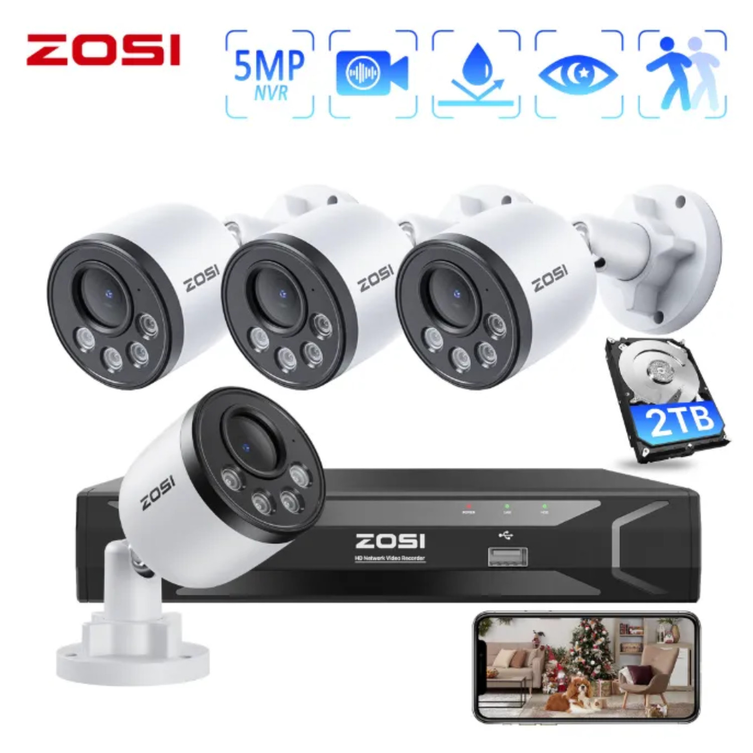 ZOSI 4MP PoE Security Add-on Outdoor Camera Smart Human Detection IR Night 2TB