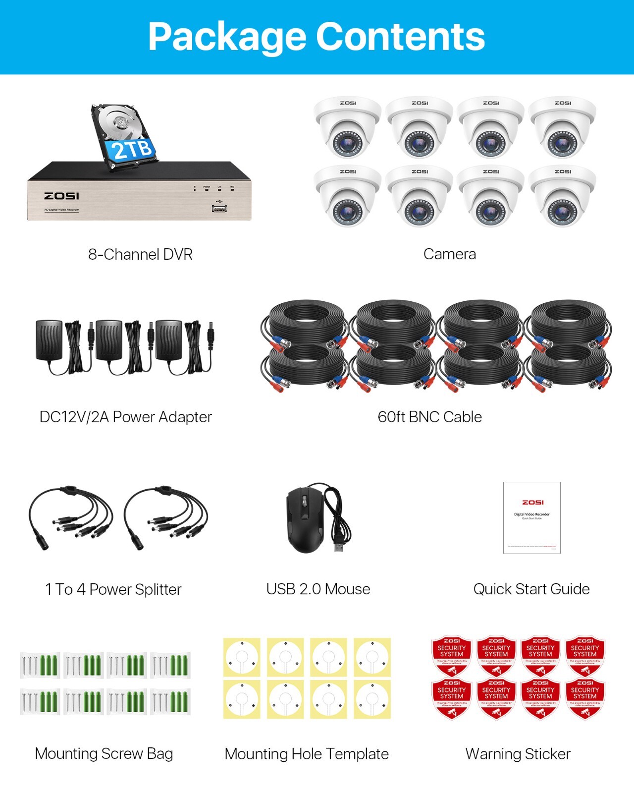 ZOSI 8 Channel 5MP Lite DVR 2TB Security Camera System 1080p Outdoor for Home