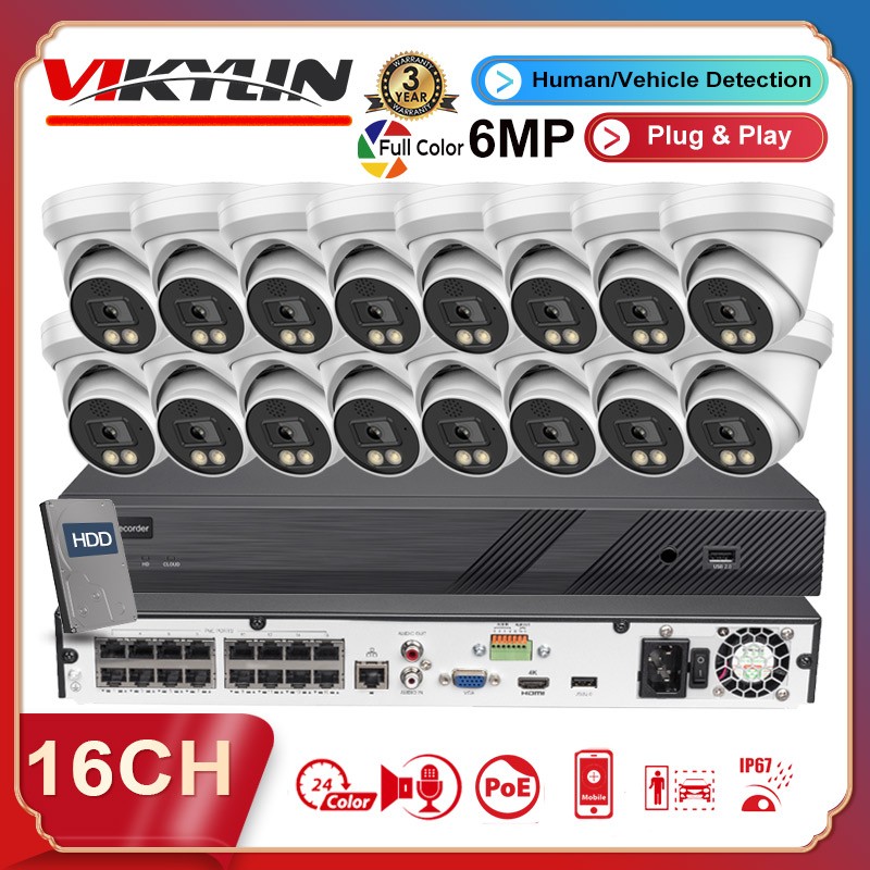 Vikylin 16CH 16 POE CCTV System 6MP Full Color IP Camera Outdoor 2-Way Audio Lot